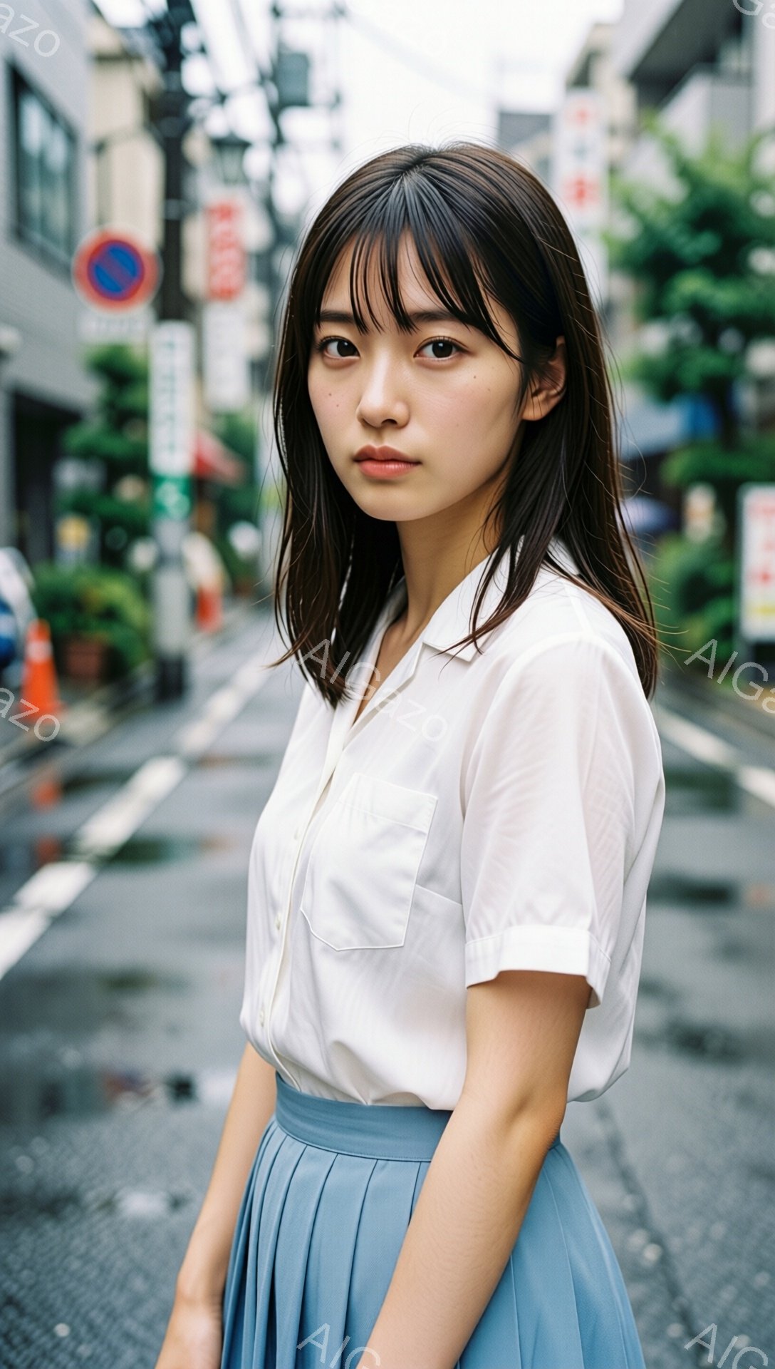 若い女性が街中で撮影されています。彼女は白いシャツと水色のプリーツスカートを着ており、少し憂いを帯びた表情でカメラを見ています。背景には雨上がりの路面と、商店や木々が見え、都会の日常と少しの寂しさが感じられる雰囲気です。