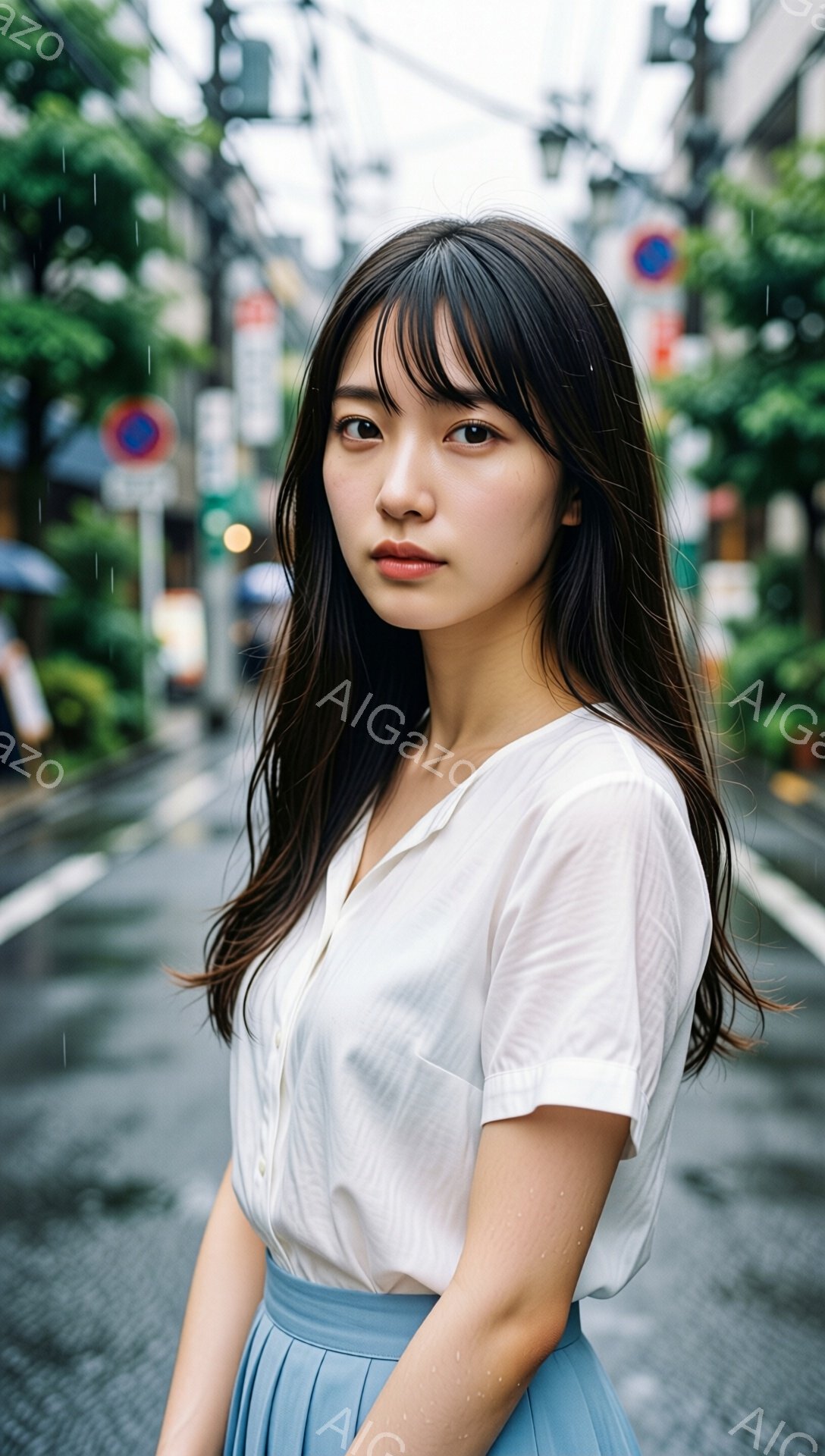 長い黒髪を肩にかけた若い女性が、白いブラウスと水色のスカートを着て立っている。彼女はわずかに微笑んでおり、雨に濡れた通りを背景に、どこか憂いを帯びた表情をしている。背景には、建物や木々が見え、雨が降っ - AI生成フリー素材