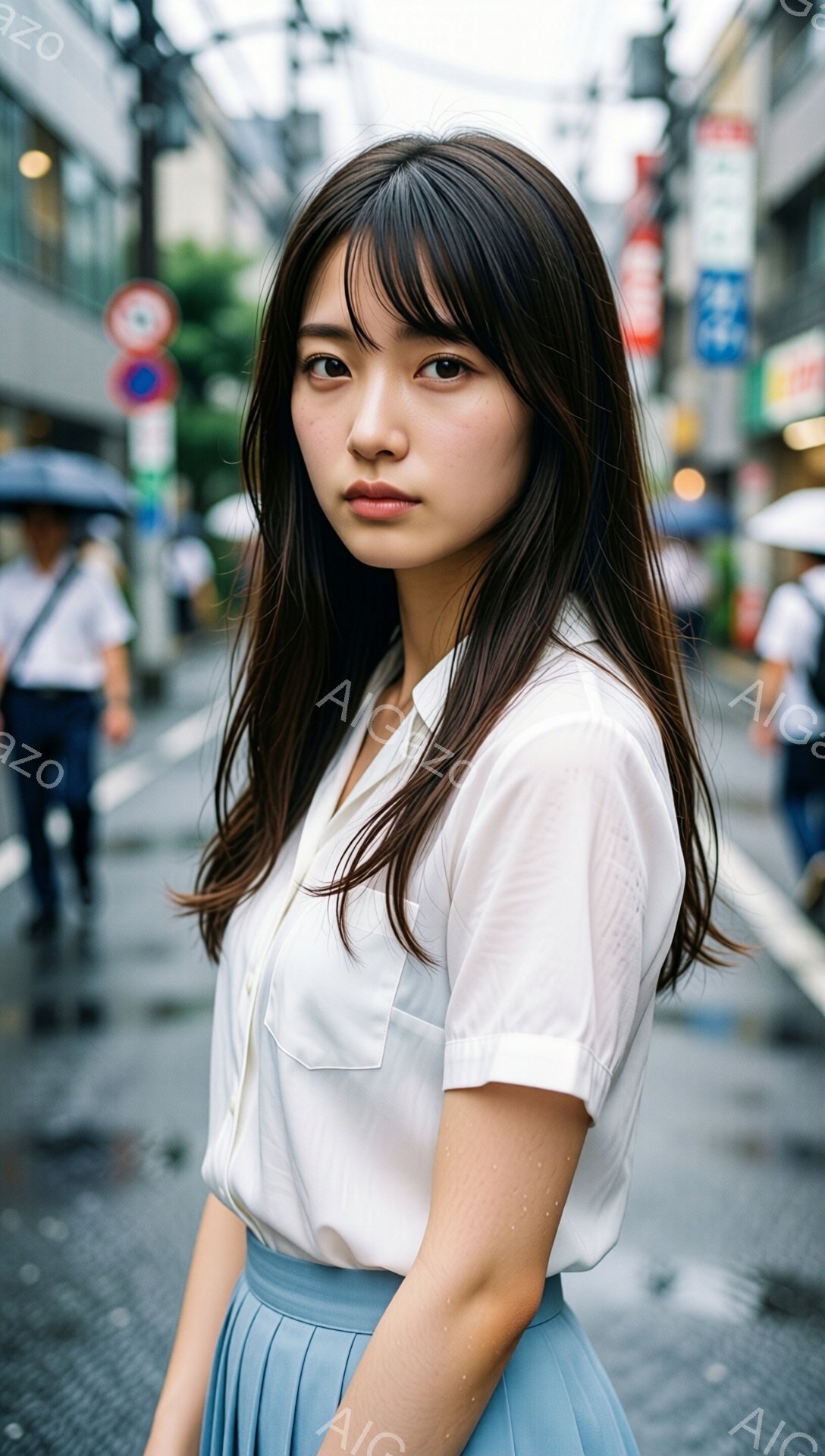長い黒髪で前髪を流した若い女性が、白いシャツと水色のスカートを身に着けて立っています。彼女は少し微笑んでおり、視線はカメラの方を向いています。背景には雨の日の賑やかな街並みがあり、ぼやけた人々と建物が見えます。