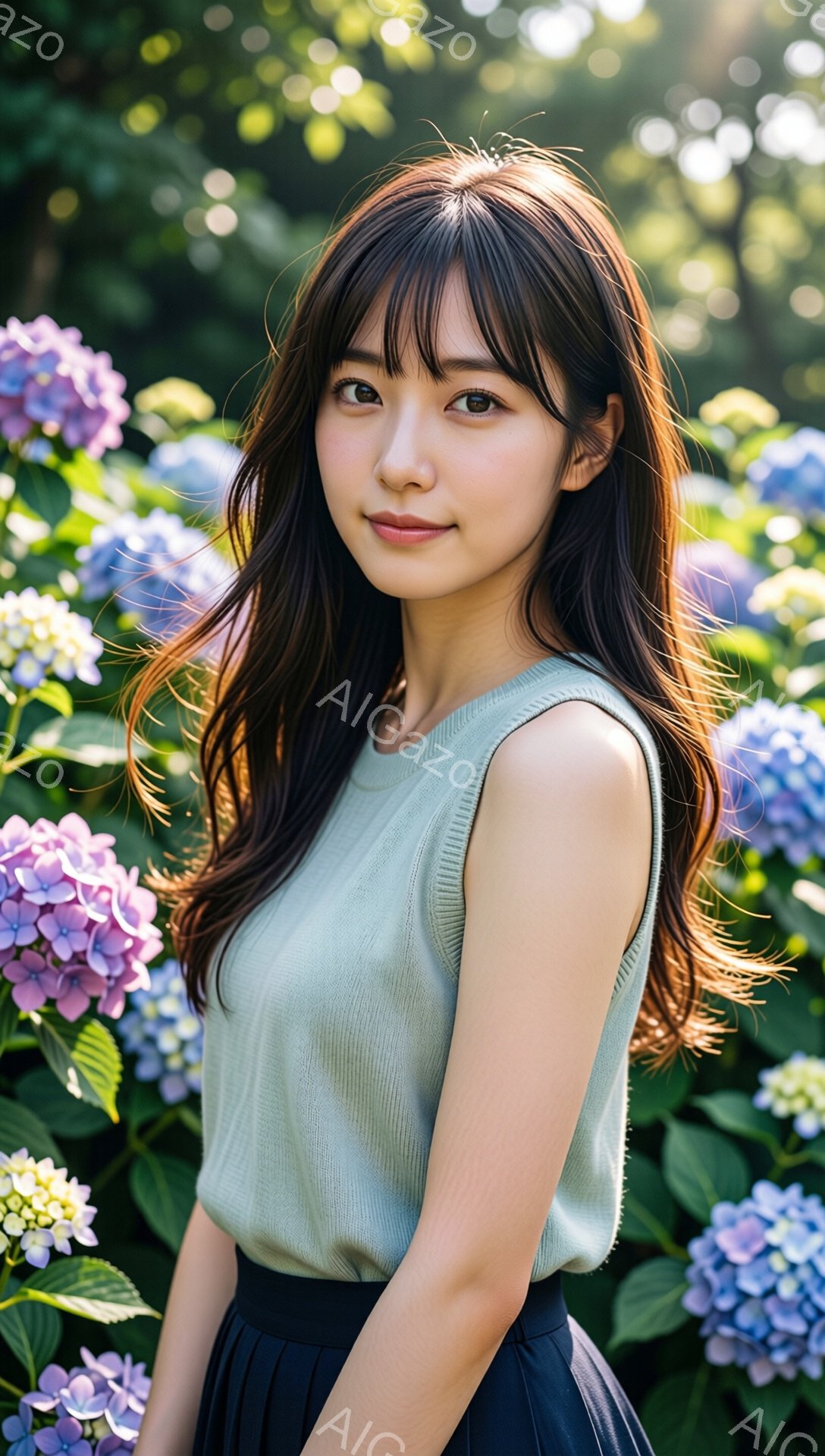 長いダークブラウンの髪をした若い女性が、水色の紫陽花の背景でポーズをとっています。彼女は淡い緑色のキャミソールと黒いスカートを着ており、わずかに微笑んでいて、優しく穏やかな表情をしています。背景にはぼやけた紫陽花の花が密集しており、自然の中でリラックスした雰囲気を作り出しています。