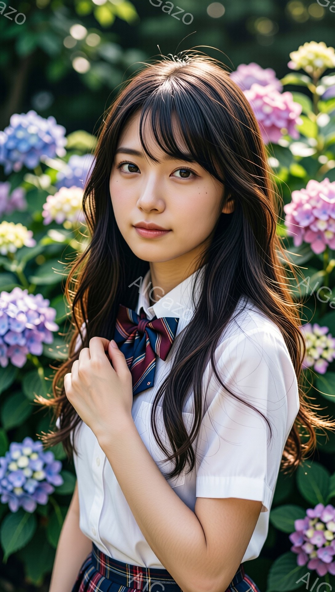 長い黒髪を無造作に肩から垂らし、白いシャツにチェックのスカート、そしてネクタイを締めた女子高生が写っている。彼女はわずかに微笑み、両手を胸の前で組んで少し恥ずかしそうな表情を見せている。背景には、紫と青色のあじさいの花が密集しており、夏らしい穏やかで優しい雰囲気を醸し出している。