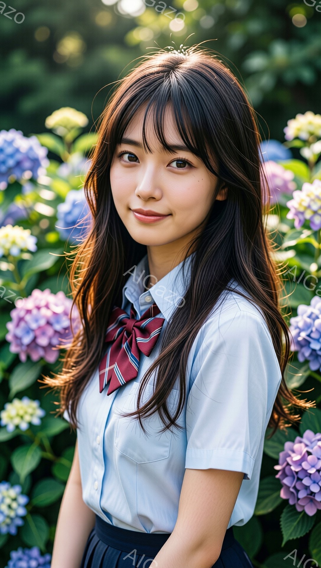 紺色の制服に身を包んだ若い女性が、紫陽花の咲き乱れる中で微笑んでいます。彼女はダークブラウンのストレートヘアで、前髪が少しふさふさとしており、赤い縞模様のネクタイが上品さを添えています。背景は緑豊かな - AI生成フリー素材