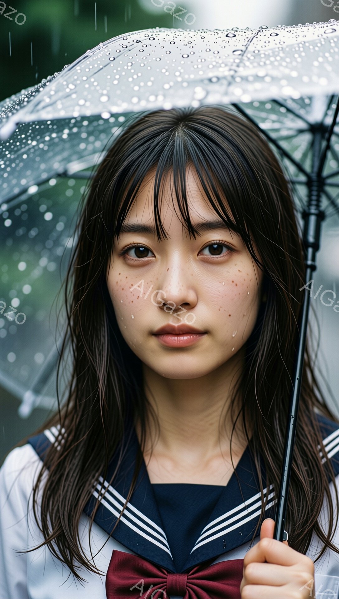 画像は、雨の中、制服を着た若い女性を捉えています。彼女は黒髪で、前髪が少し乱れており、頬には雨粒が点在しています。彼女の表情は落ち着いており、少し憂いを帯びています。