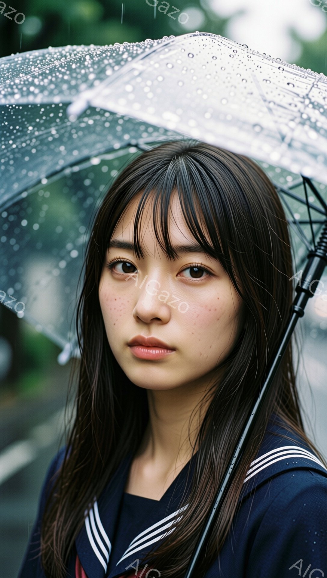 画像は、雨の中で制服を着た若い女性を捉えています。彼女は濡れた前髪と、ほんのり赤らんだ頬で、やや憂いを帯びた表情をしています。背景には緑豊かな植物と、雨粒でぼやけた景色が広がり、全体的にしっとりとした、少し物憂げな雰囲気を醸し出しています。