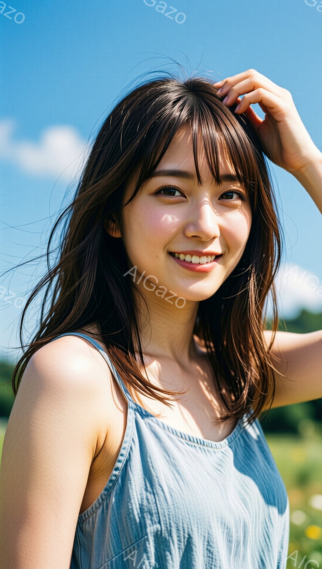長い茶色の髪を持つ女性が写っています。彼女は薄い水色のタンクトップを着ており、片手を頭に当てて微笑んでいます。背景は緑豊かな草原と青空で、晴れた日の穏やかな雰囲気が漂っています。