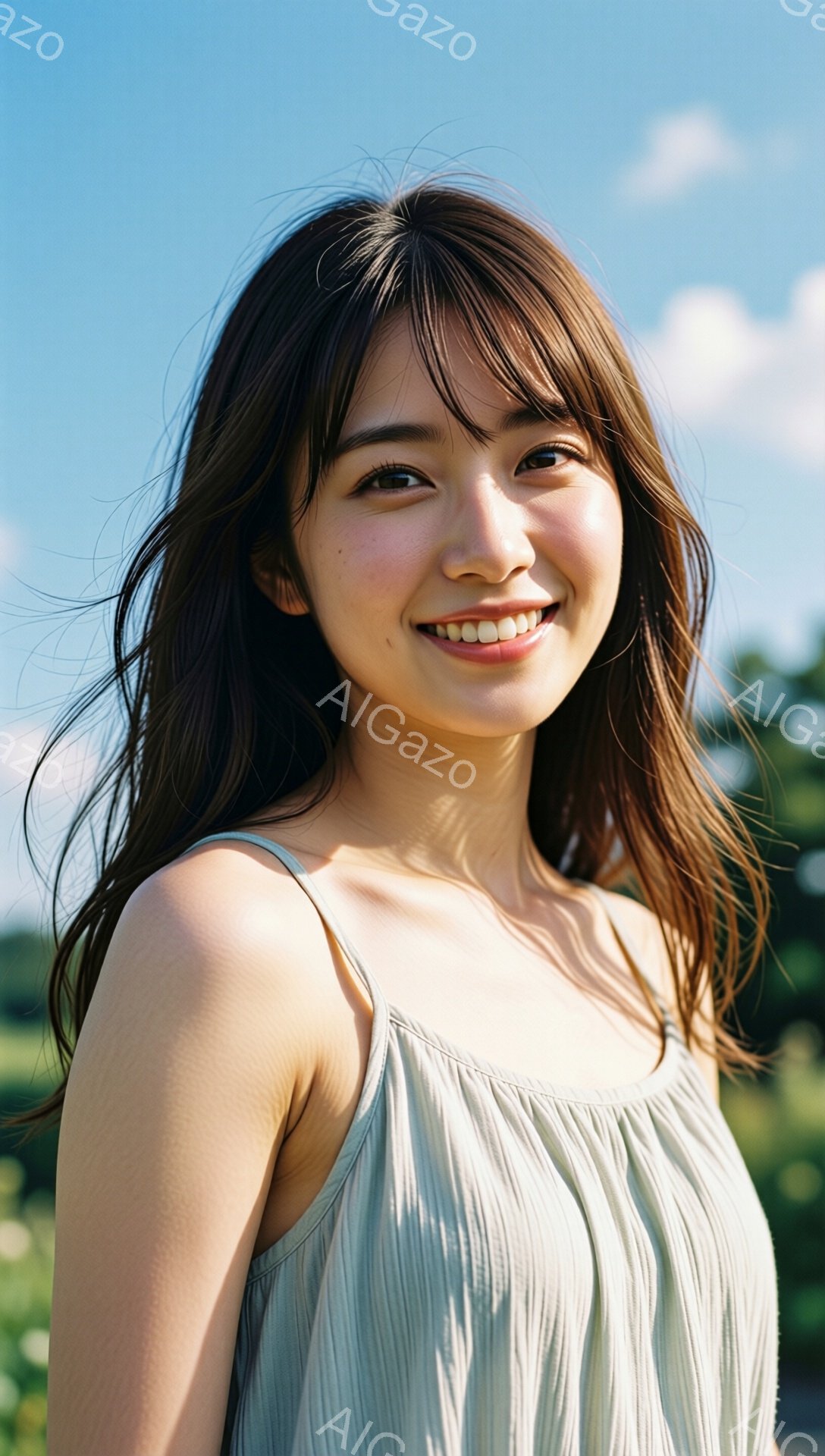 長い茶色のウェーブヘアの女性が、クリーム色のキャミソール風のトップスを着ています。彼女はカメラに向かって笑顔で、少し上を見つめており、自然な雰囲気を醸し出しています。背景には緑の植物と青空が広がり、晴れた日の穏やかな光が感じられます。