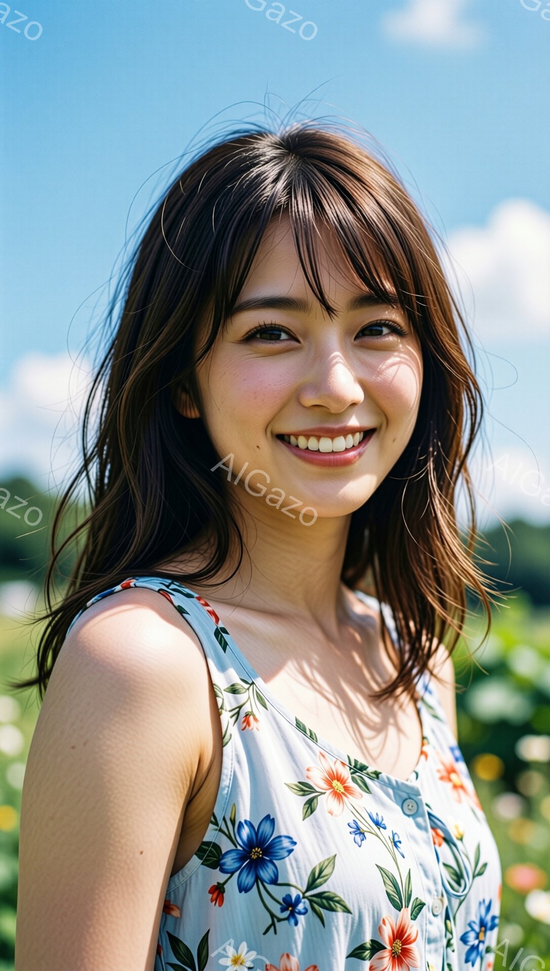 長いダークブラウンの髪は、肩にかかるようにゆるくウェーブがかかっています。女性は、青とオレンジの花柄のキャミソールワンピースを着て、満開の花畑の中で微笑んでいます。背景は緑豊かな草地と青い空で、全体的に明るく、希望に満ちた雰囲気が漂っています。