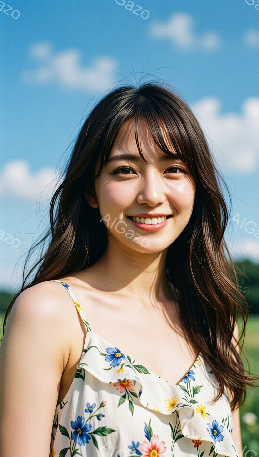 長い茶色の髪を持つ若い女性が、花柄のオフショルダーのワンピースを着て微笑んでいます。彼女は少し横を向き、自然な笑顔を見せ、背景には緑の草地と青空が広がっています。全体的に、明るく穏やかな雰囲気が漂う、 - AI生成フリー素材