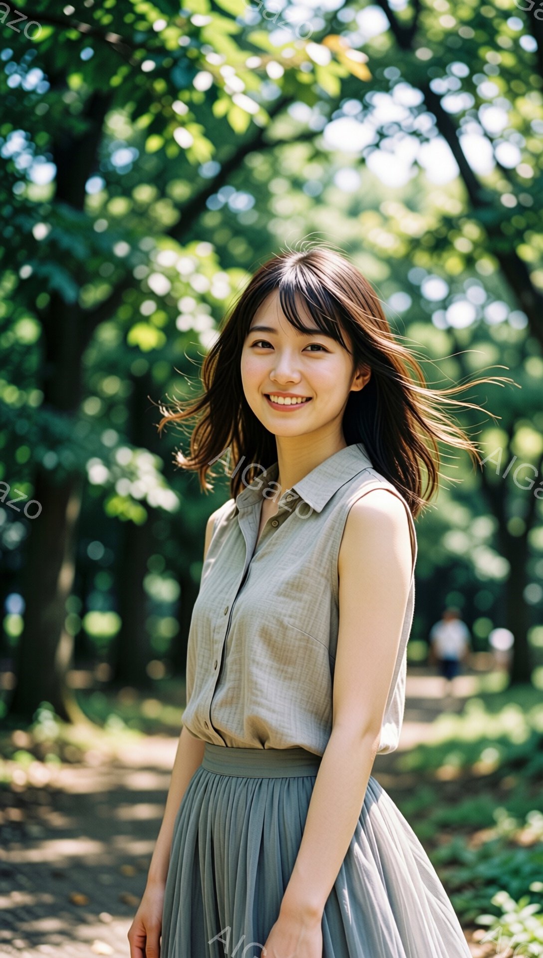 長い黒髪をセンターパートにした女性が、ベージュのシャツとプリーツのスカートを着て立っています。彼女は微笑んでおり、リラックスした雰囲気です。背景には緑豊かな木々と遊歩道があり、晴れた日の穏やかな自然の - AI生成フリー素材