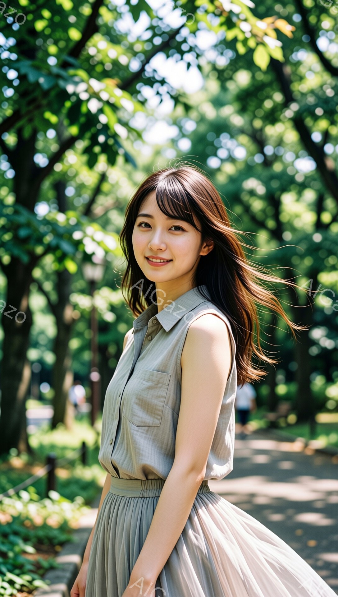 長い黒髪を風になびかせながら、ベージュ色のシャツとプリーツスカートを身につけた若い女性が写っている。彼女は少し微笑み、リラックスした表情で、まるで風を感じているかのようだ。背景には緑豊かな木々が並び、 - AI生成フリー素材