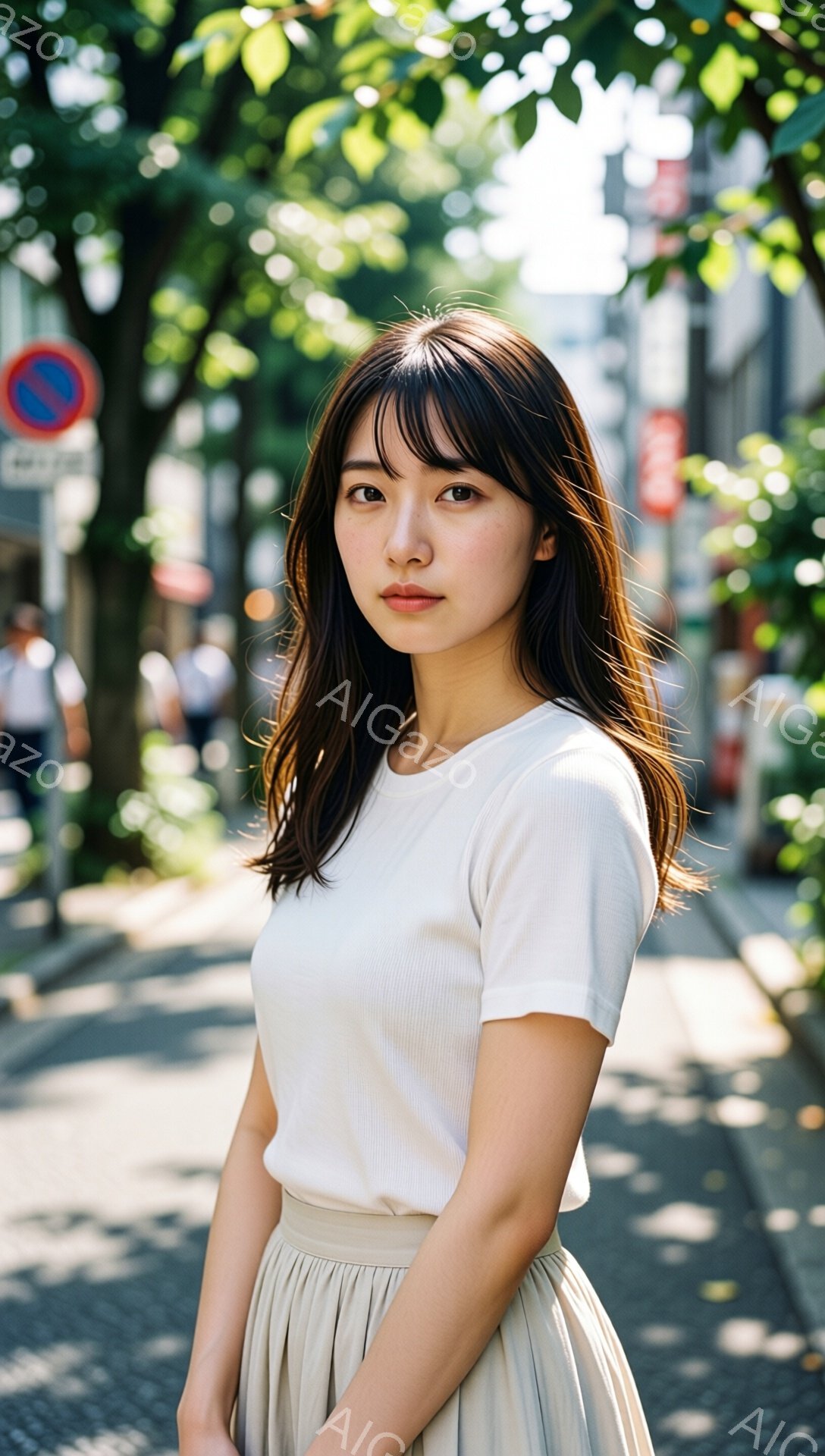 若い女性が道路の脇に立っており、ベージュ色のTシャツとスカートを着用しています。彼女は肩までの長さのダークブラウンの髪をしており、前髪が少し顔にかかっています。背景には建物や木々が見え、晴れた日の穏やかな雰囲気が漂っています。