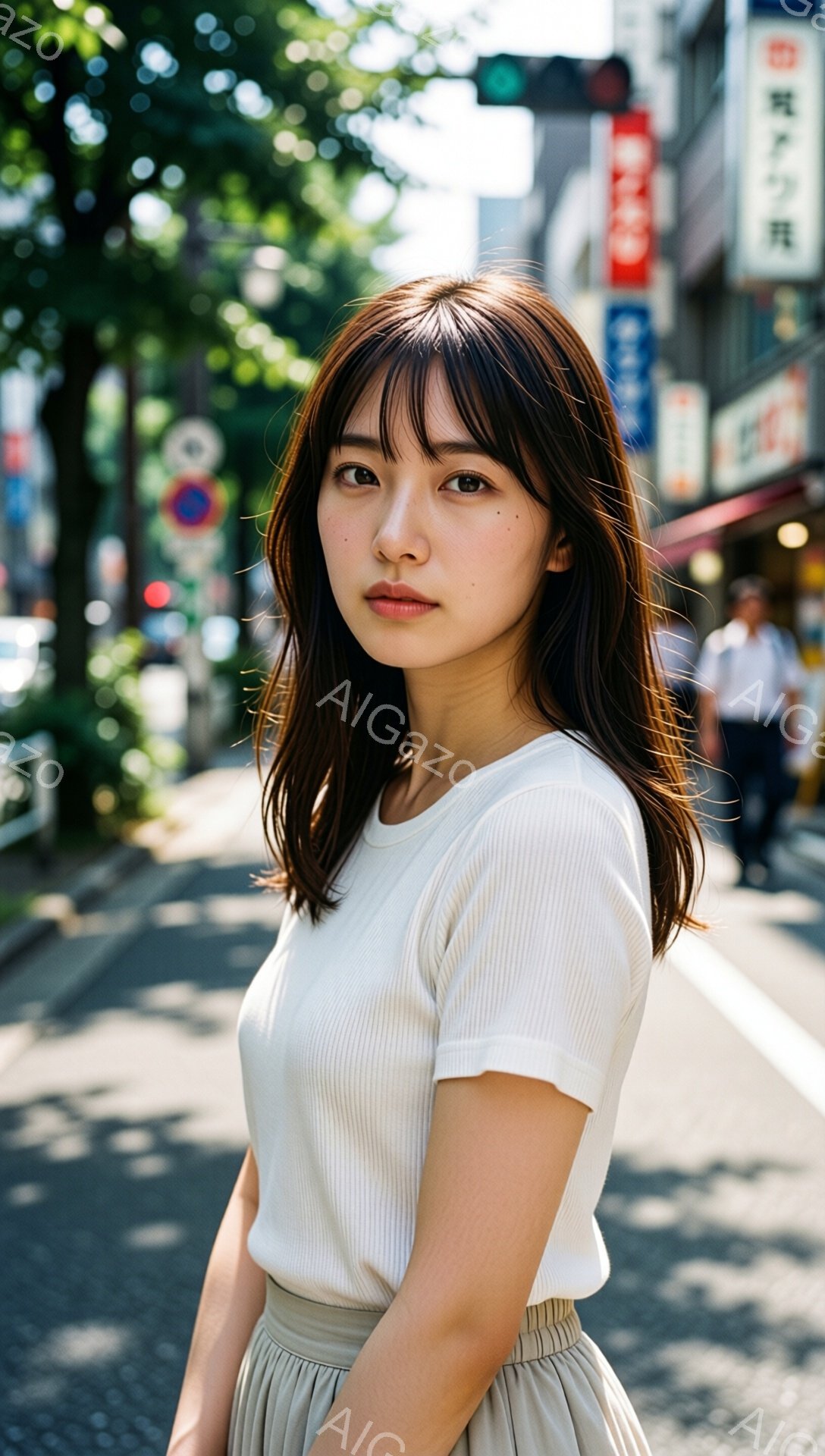 画像は、ストレートヘアの若い女性が道路の真ん中に立っている様子を捉えています。彼女はベージュ色のトップスとスカートを身に着け、少し憂いを帯びた表情でカメラを見つめています。背景には、日本の街並み、緑の木々、そして日中の明るい光が広がっており、都会の中の静けさを感じさせます。