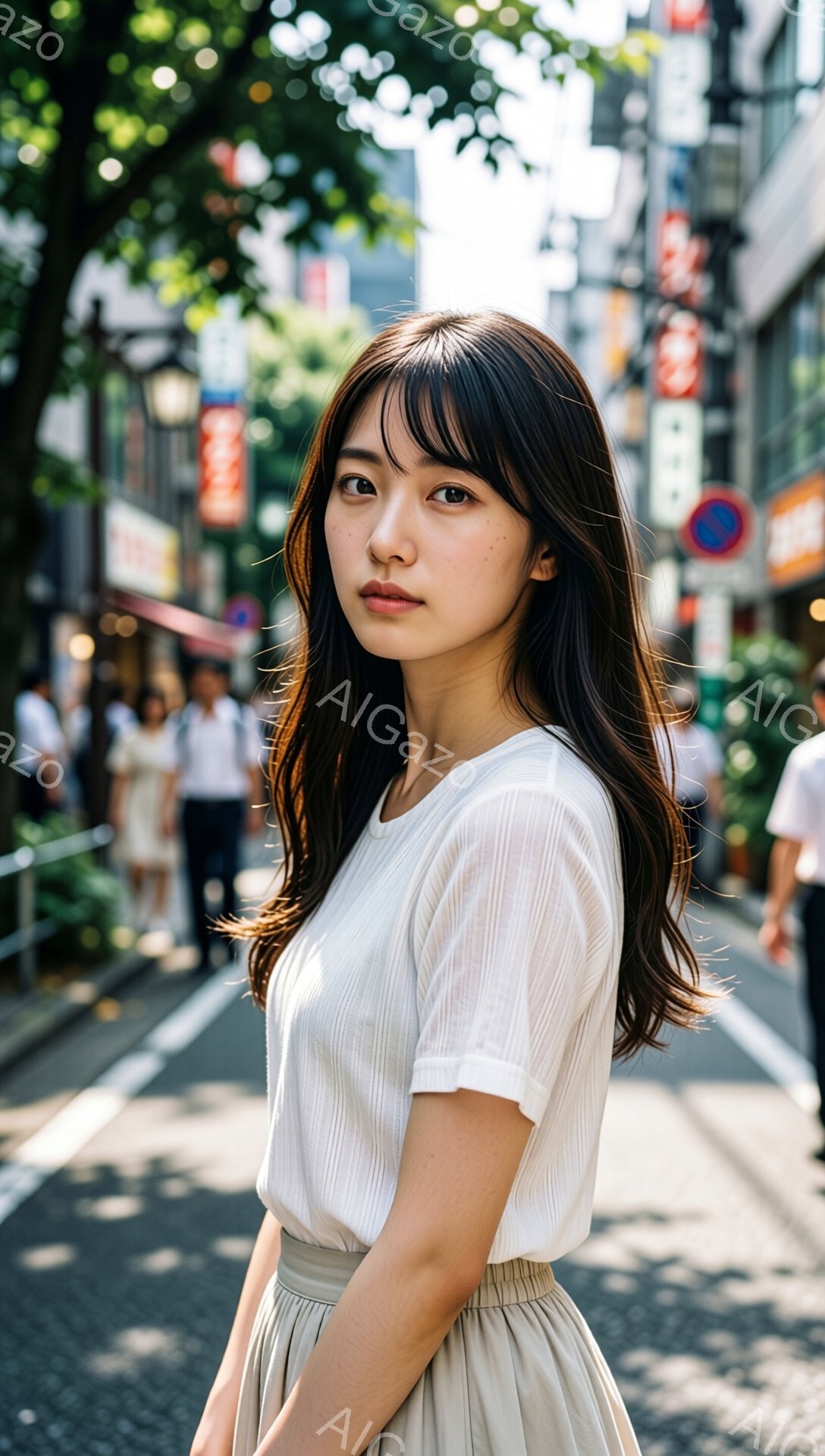 若い女性が、ベージュ色の半袖ブラウスとスカートを身に着けて、道路の脇に立っている。彼女は長い黒髪で、前髪が少し目にかかっており、少し微笑んだ表情でカメラを見つめている。背景には、緑豊かな木々や建物がぼやけており、晴れた日の都会の通りという印象を与える。