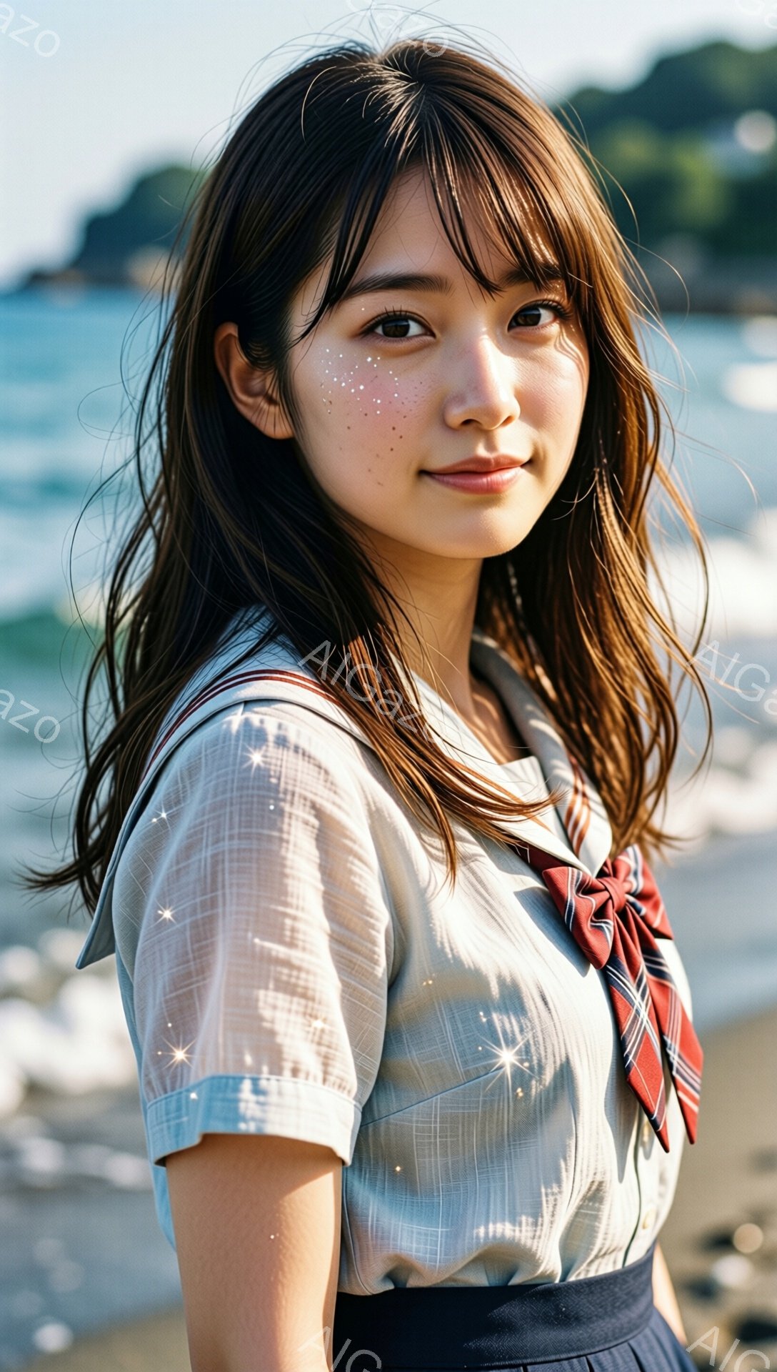 少女はチェック柄のブラウスと濃い色のスカートを着て、赤い格子柄のネクタイを締めています。彼女は少し微笑んでおり、長い黒髪が肩にかかっています。背景には穏やかな海が広がり、太陽の光が反射してキラキラと輝いており、全体的に爽やかで若々しい雰囲気です。