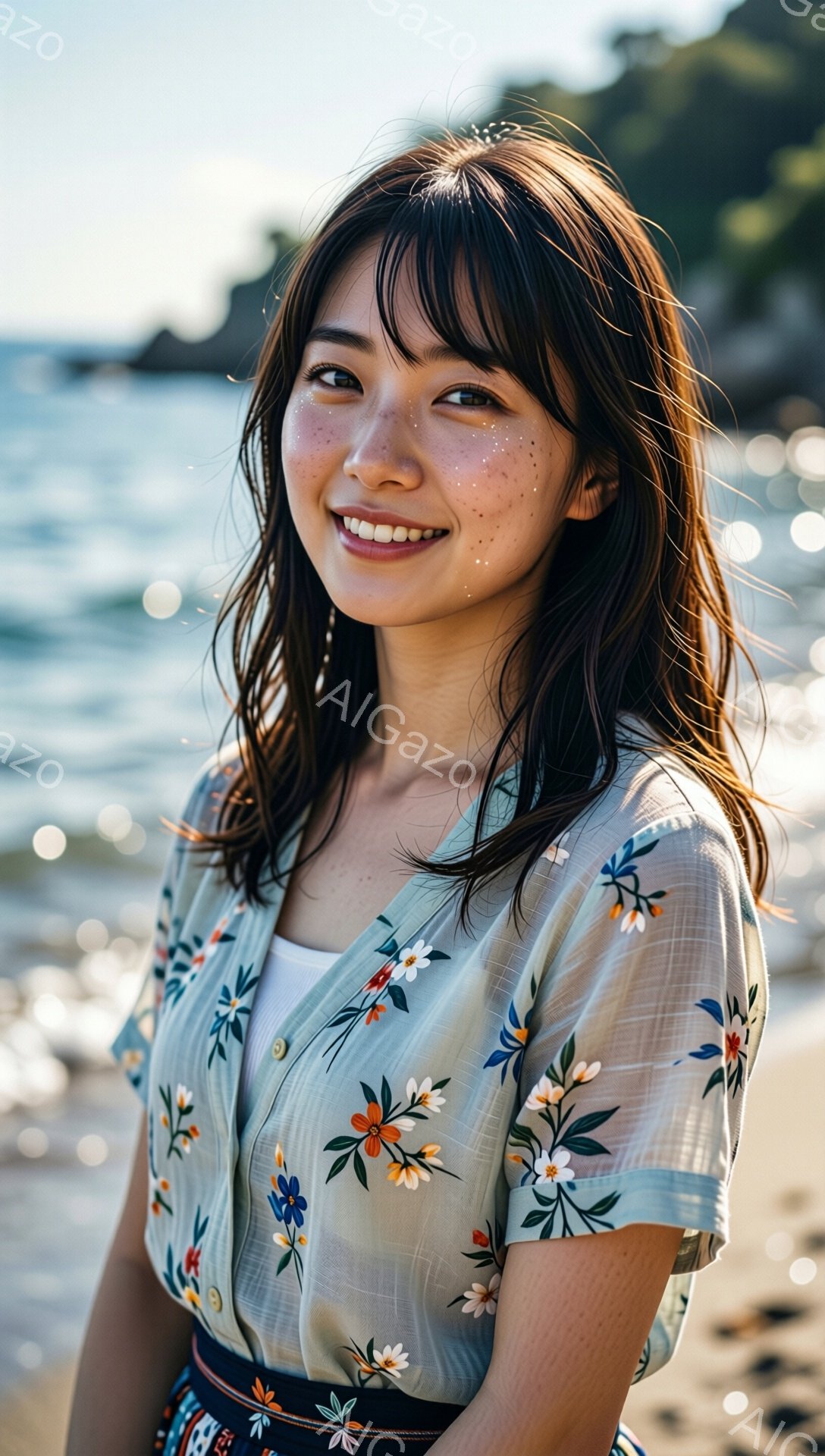 彼女は花柄の淡い緑色のブラウスと、民族風の柄が入ったスカートを身に着けています。黒髪は肩にかかる程度に流れており、頬には可愛らしいそばかすがあります。背景には穏やかな海が広がり、光が水面に反射してキラキラと輝いており、暖かく穏やかな雰囲気です。