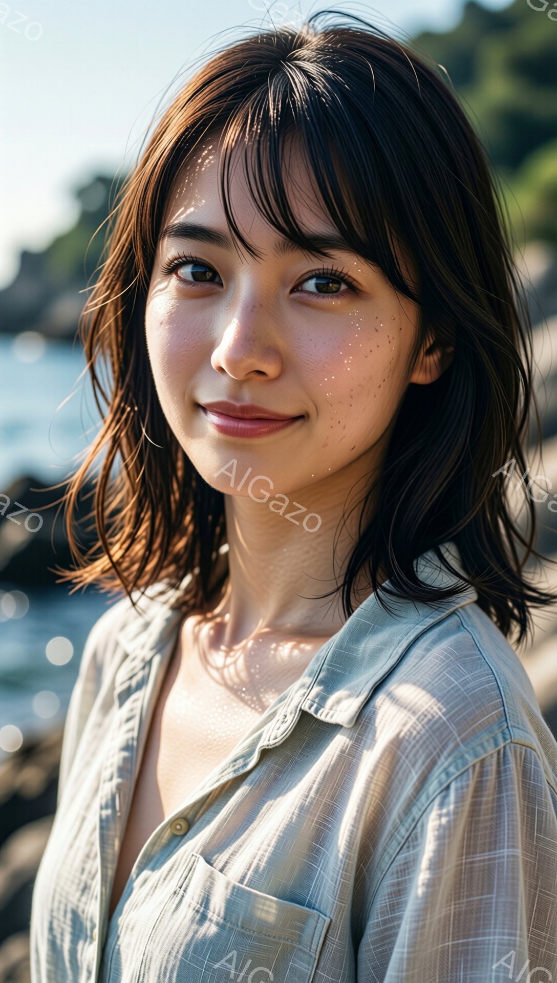 彼女は浅い緑色のチェックのシャツを着ており、肩を少し見せています。黒い肩までの髪は軽く乱れ、太陽の光で照らされた肌には小さなシミが散りばめられています。背景には岩場と海がぼんやりと見え、日差しが柔らかく、リラックスした雰囲気です。