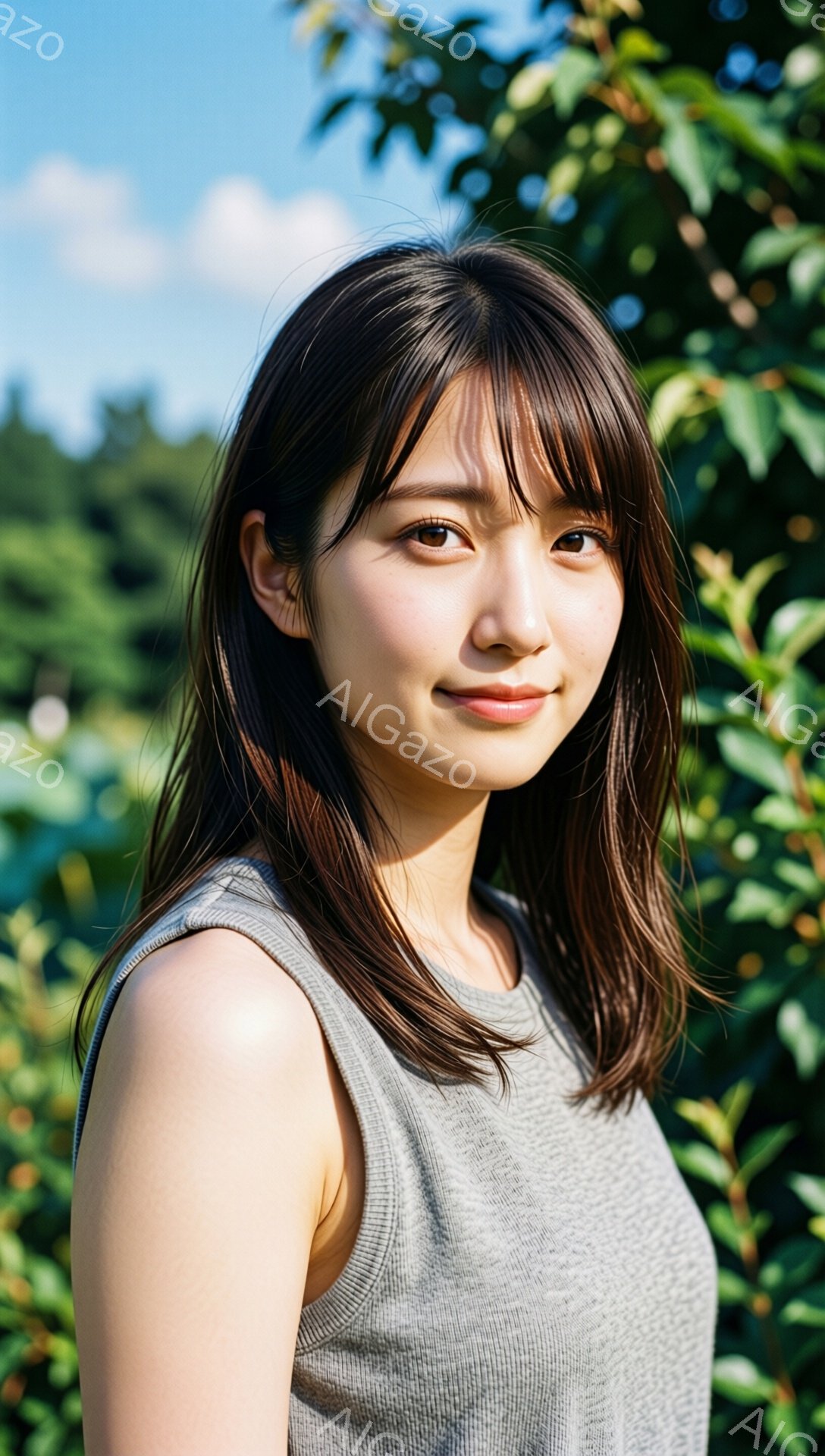 若い女性が、グレーのシンプルなタンクトップを着て、少し微笑んでいます。彼女は肩までの長さの黒髪で、前髪が少し流れています。背景には緑豊かな葉っぱがぼやけており、晴れた日の自然の中で撮影された様子がわかります。