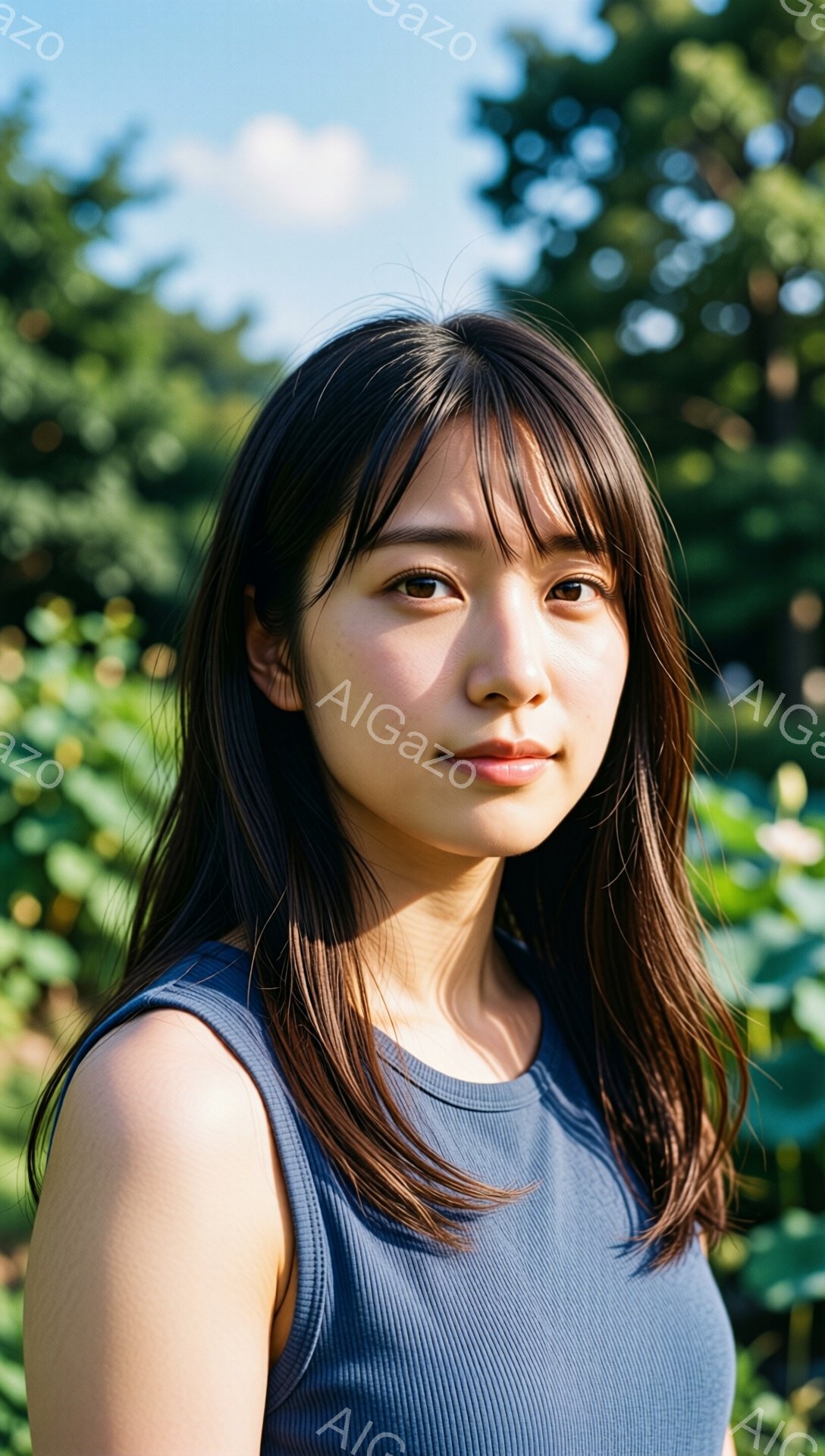 若い女性が、青いリブニットのトップスを着て、少し微笑んでいます。彼女はダークブラウンの長く、レイヤーカットされた髪を持っており、前髪が少し目にかかっています。背景は緑豊かな植物で、晴れた空がわずかに見 - AI生成フリー素材