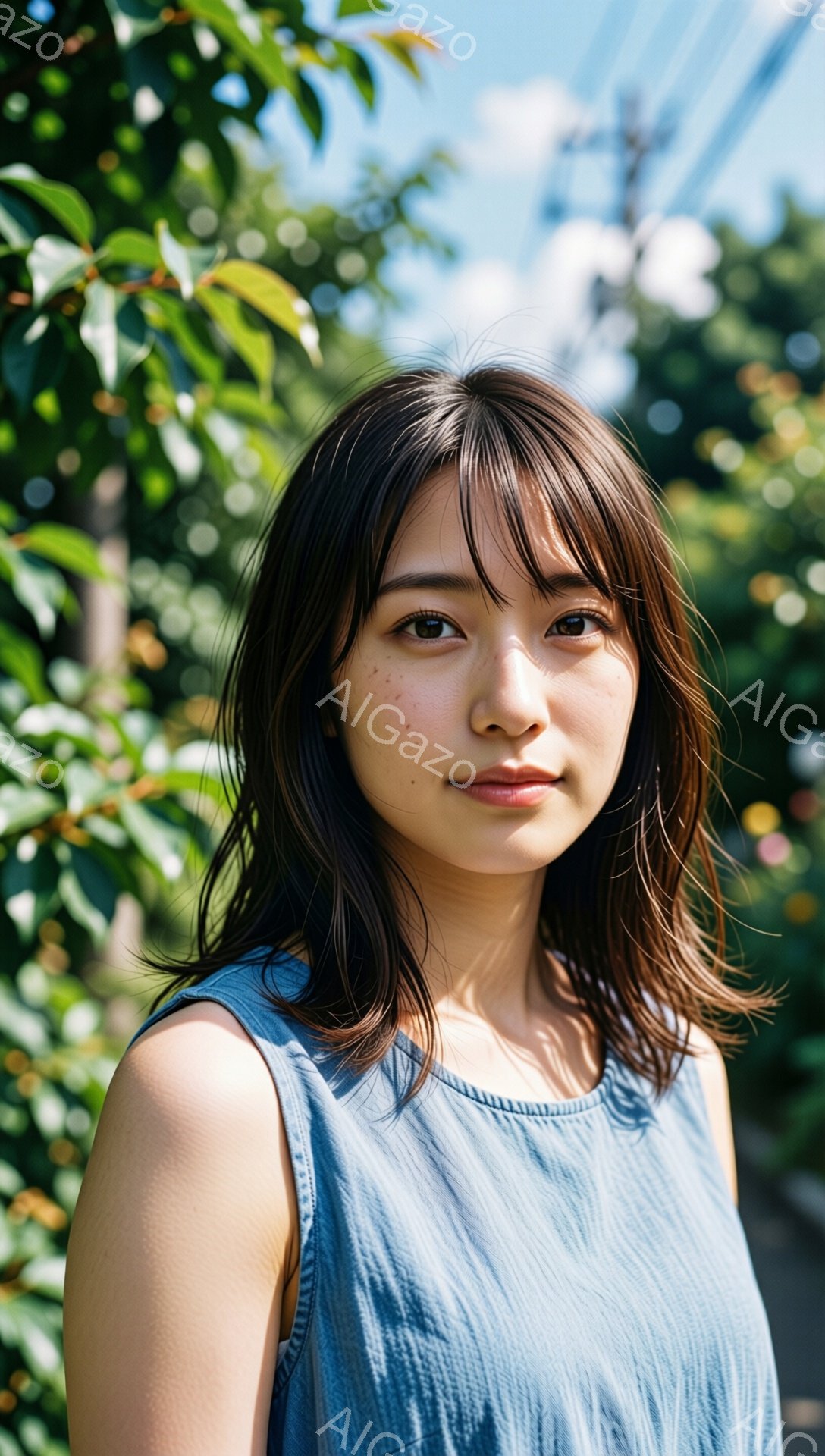 黒髪で、前髪が少し長めの女性が写っています。青色のシンプルなワンピースを着ており、少し微笑んだ表情でカメラを見ています。背景には緑豊かな木々が見え、晴れた日の自然の中で撮影された様子が伺えます。 - AI生成フリー素材