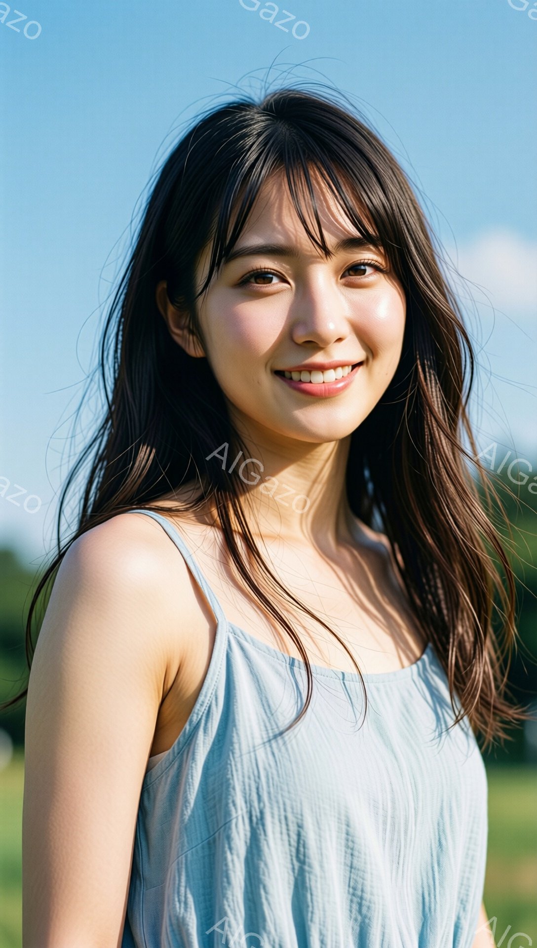 長い黒髪の女性が、薄い水色のキャミソールワンピースを着て、笑顔でこちらを見ている。背景は緑豊かな草地で、晴天の空が広がっている。全体的に、明るく爽やかな夏の日の雰囲気が漂っている。