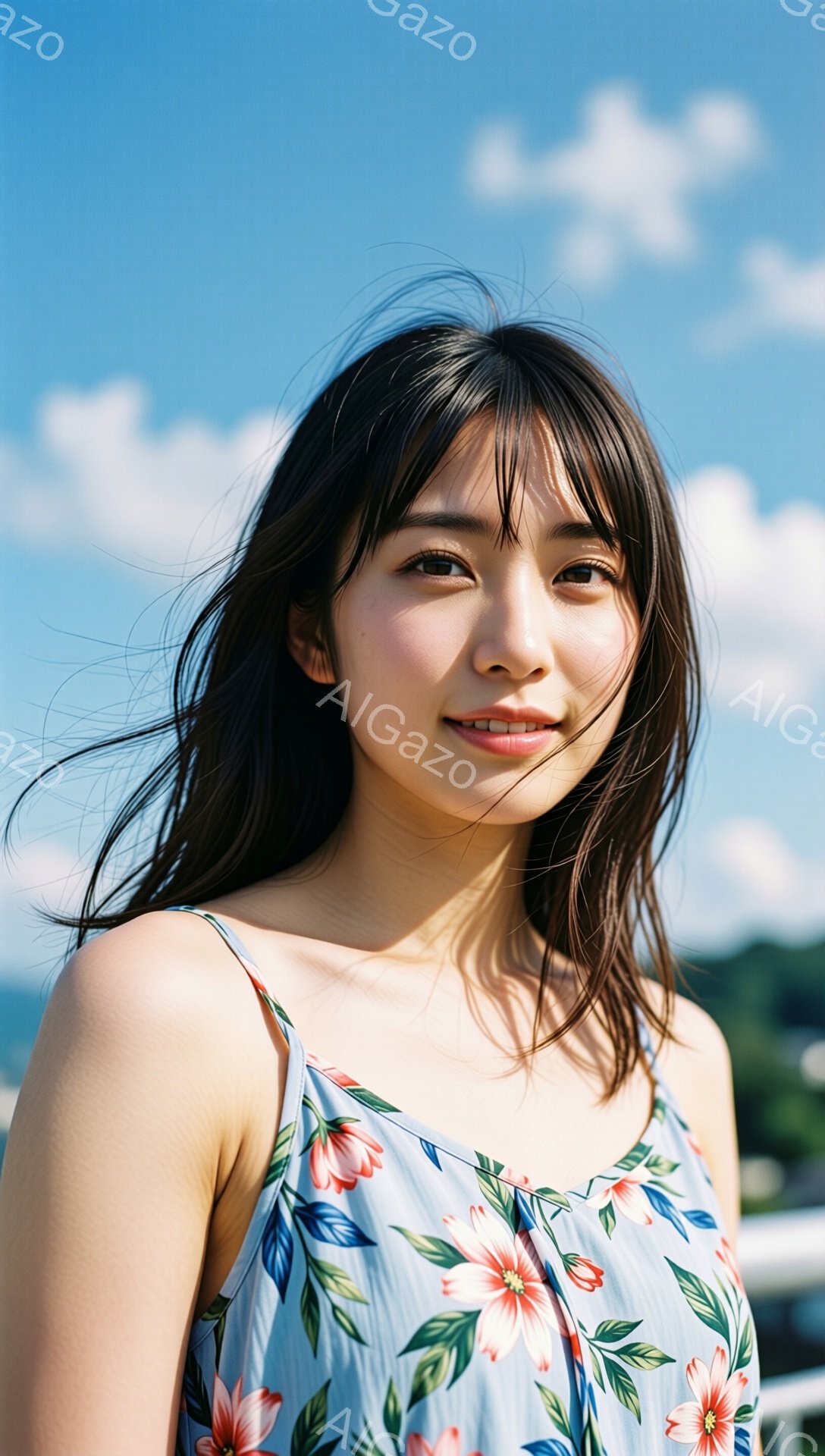 長い黒髪の女性が、花柄のキャミソールワンピースを着て、カメラに向かって微笑んでいます。彼女の髪は風になびいており、リラックスしたポーズで少し横を向いています。背景には青い空と白い雲、そして緑の植物が見え、全体的に爽やかで穏やかな雰囲気です。