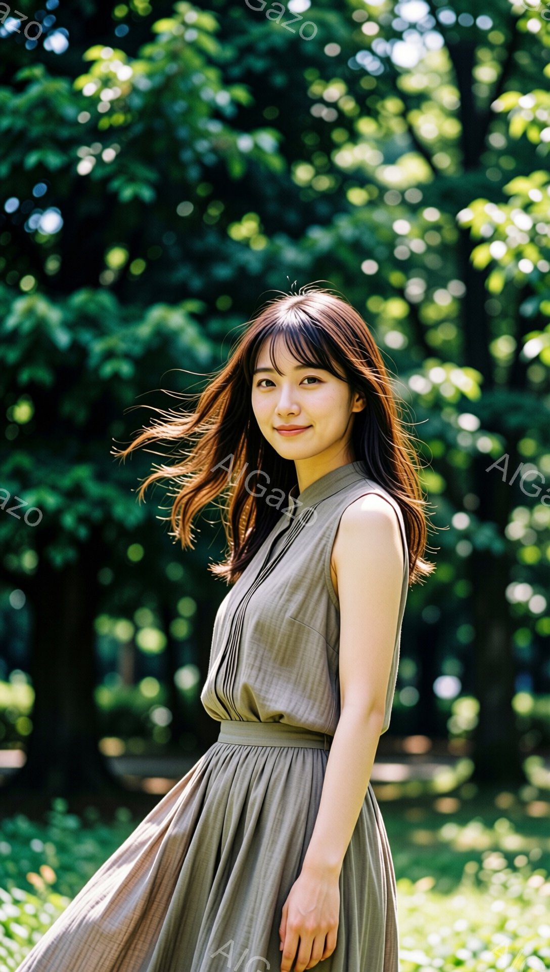 明るい緑の背景に、茶色のロングヘアを肩にかけた女性が写っています。彼女はベージュ色のプリーツのワンピースを着ており、少し微笑んでカメラを見ています。背景は緑豊かな木々で、暖かい日の光が差し込み、全体的 - AI生成フリー素材