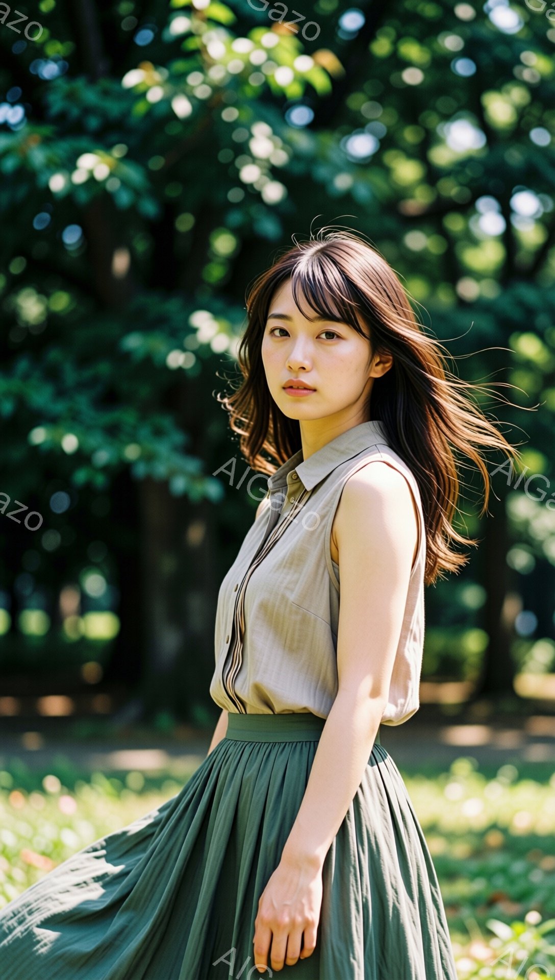 明るい屋外で、茶色と緑の服を着た若い女性が写っている。彼女は肩出しのシャツと、裾が広がった緑色のスカートを着用し、髪は肩にかかる長さで、前髪は少し流している。背景には緑豊かな木々が見え、光が葉の間から差し込み、穏やかで自然な雰囲気を醸し出している。