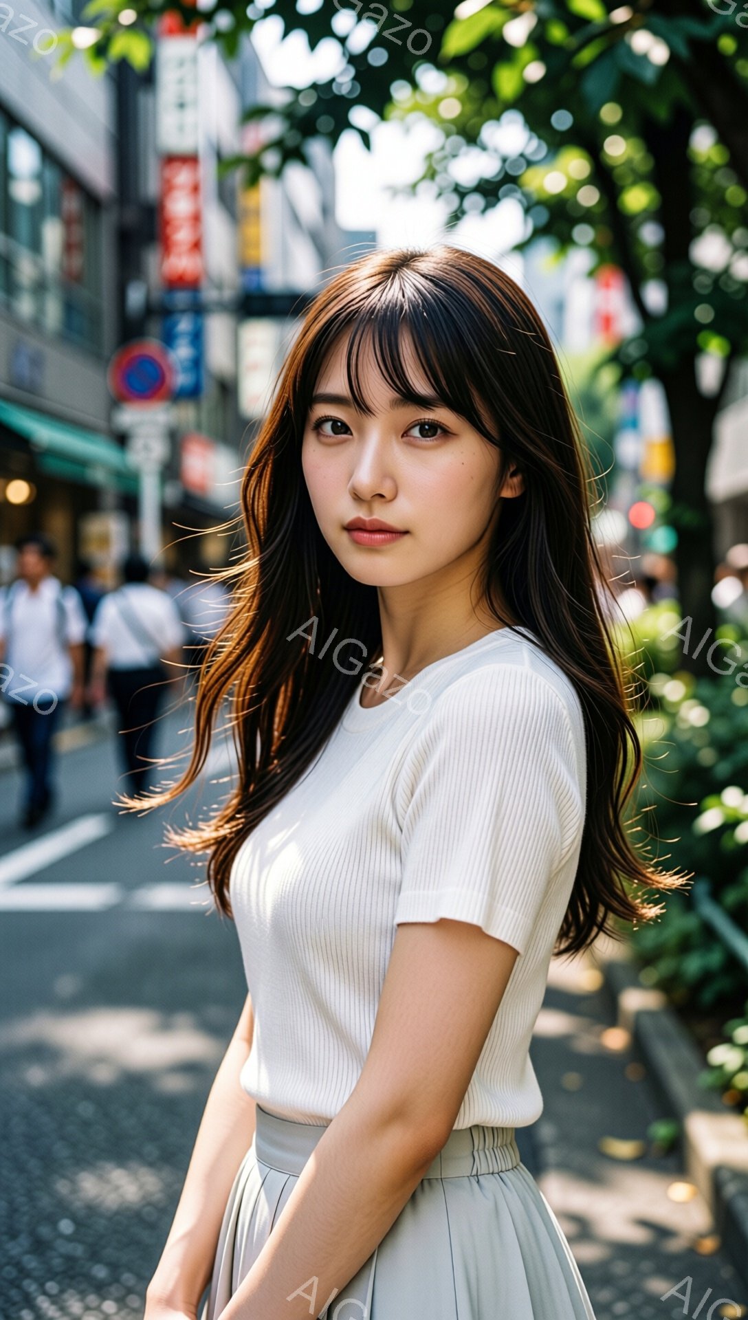 長い黒髪の女性が、クリーム色のリブニットとベージュのスカートを身につけて立っています。彼女はわずかに微笑み、カメラを見つめており、リラックスした姿勢です。背景には、歩道、横断歩道、そして雑多な都市の建物が見え、晴れた日の都会の風景が広がっています。