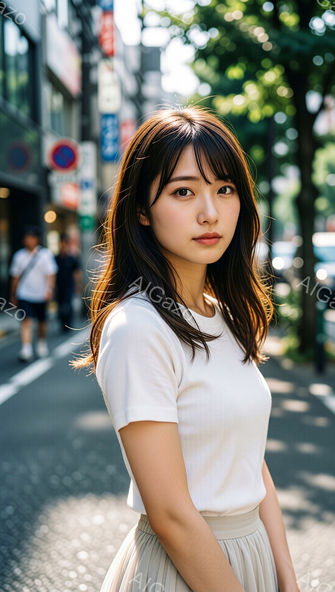 画像は、ストリートでポーズをとる若い女性を捉えています。彼女は白いリブニットのTシャツと、プリーツのベージュ色のスカートを身に着け、ダークブラウンのロングヘアを肩に流しています。彼女はわずかにカメラの方を振り返り、穏やかで控えめな表情をしています。