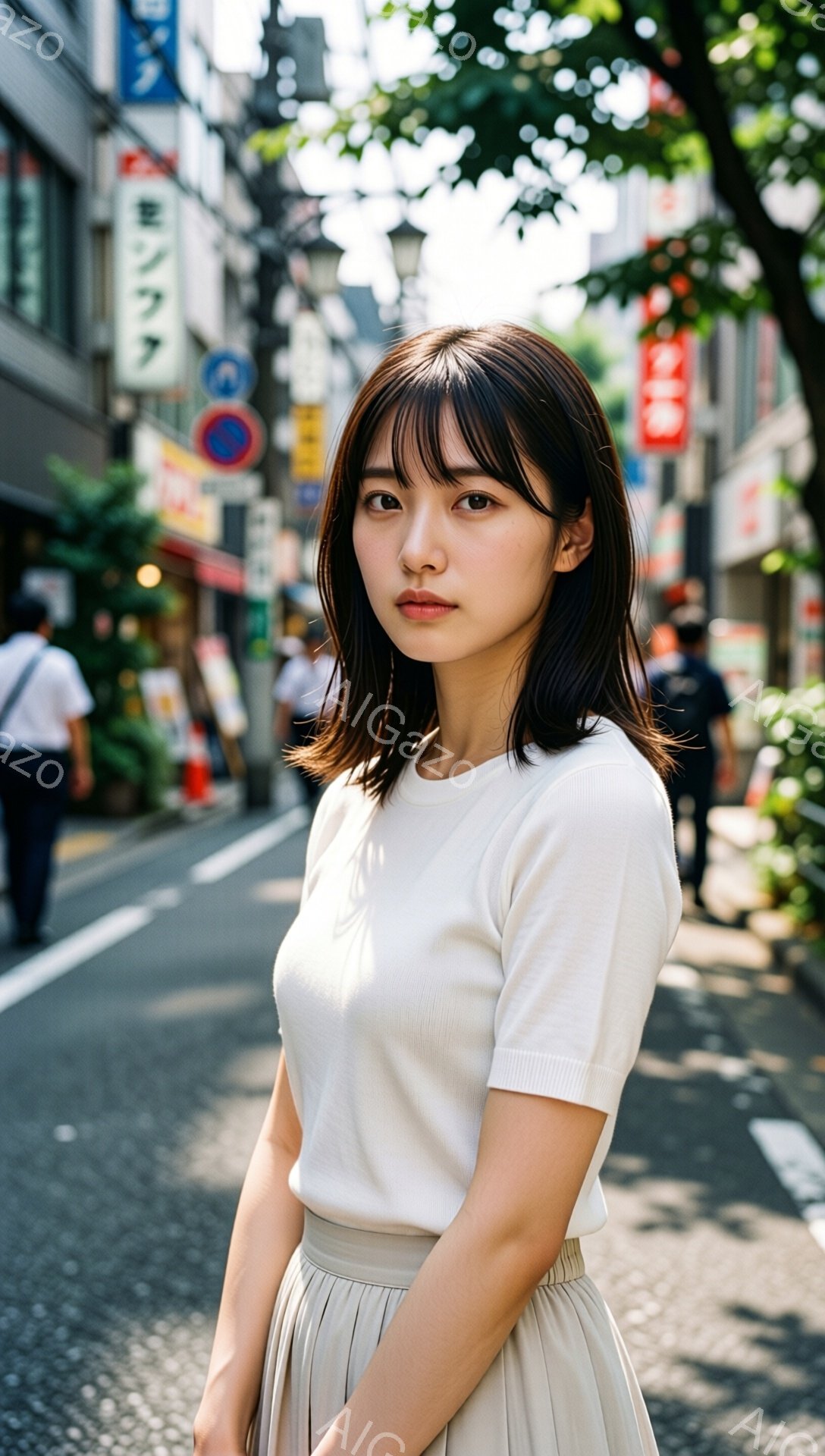 若い女性がベージュのトップスとスカートを身に着け、ストレートで前髪のあるダークブラウンのヘアスタイルをしています。彼女は少し横を向いており、穏やかでわずかに憂いのある表情をしています。背景には、商店や歩行者が並ぶ都市の通りが広がっており、晴れた日の昼下がりの穏やかな雰囲気を醸し出しています。