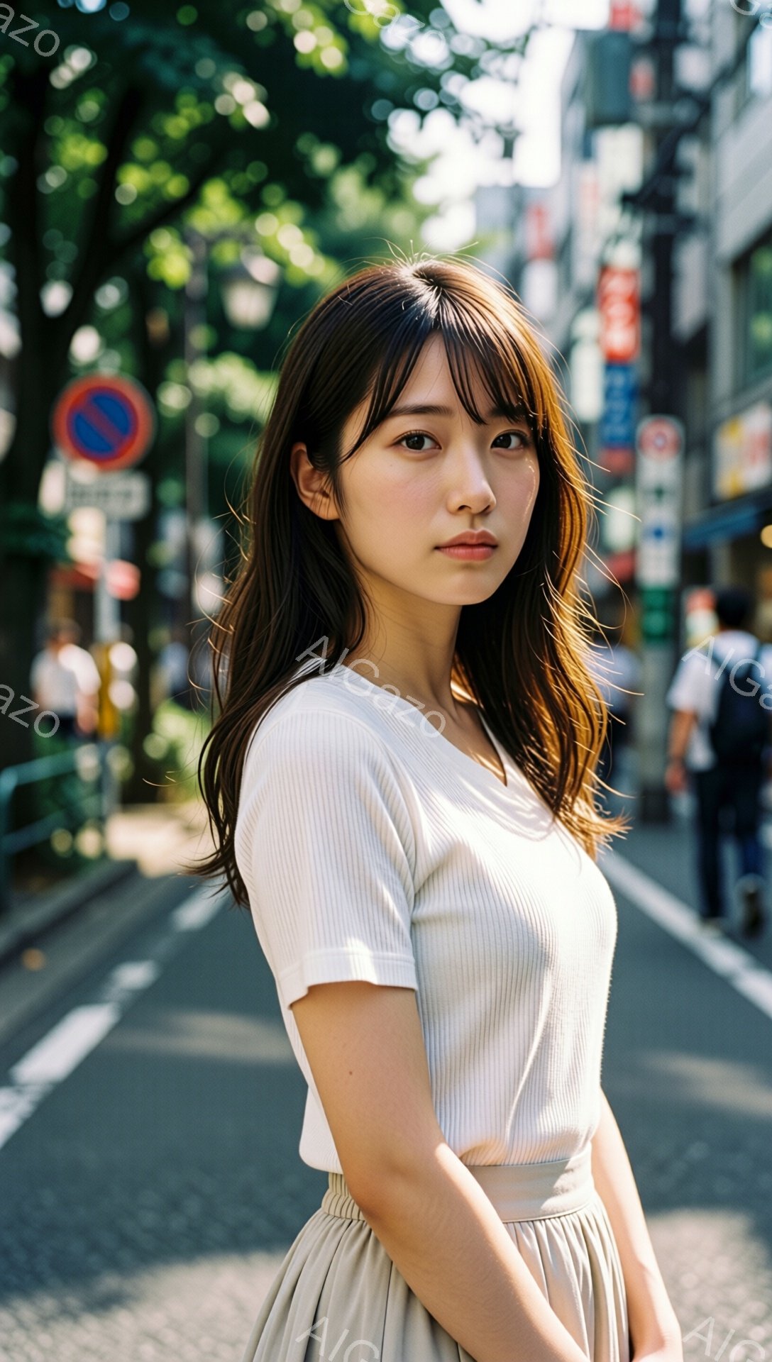 画像には、ベージュのトップスとスカートを着た若い女性が写っています。彼女は肩越しにカメラを見つめ、少し微笑んでいます。背景には、道路、歩道、そしてたくさんの店舗や標識が見え、夏の晴れた日の賑やかな街並 - AI生成フリー素材