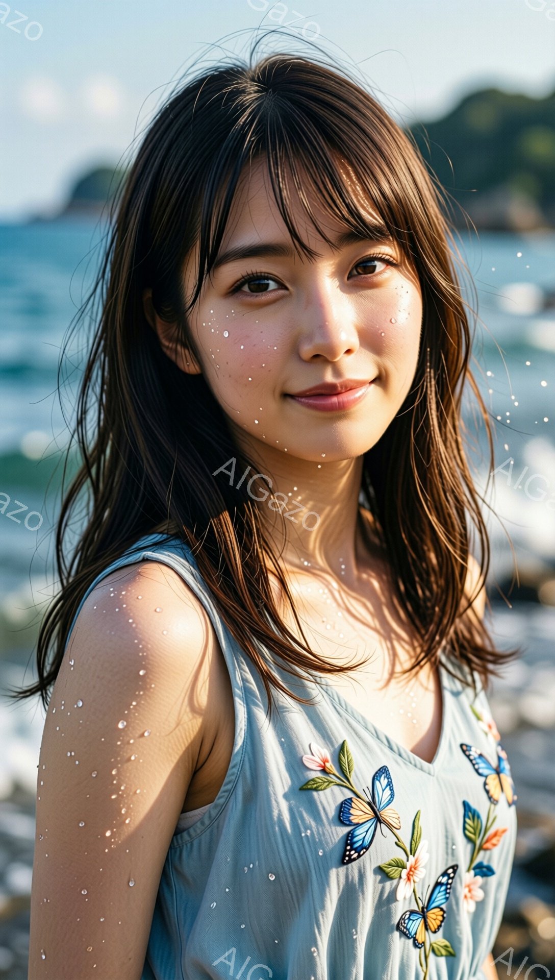 黒髪の女性が、バタフライ柄の淡いブルーのワンピースを着て、海辺に立っています。彼女は少し微笑んでおり、顔には水滴が飛び散っています。背景には青い海と緑の丘が見え、晴れた日のリラックスした雰囲気が漂っています。