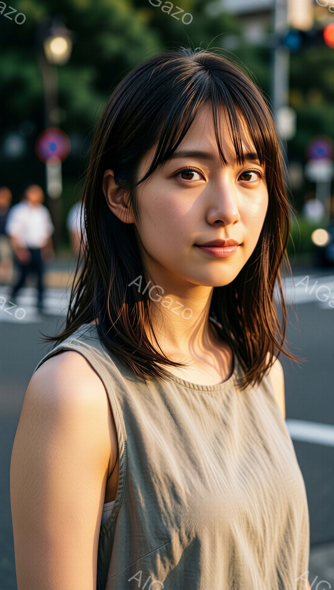 画像は、ショートヘアで前髪が少し長めの若い女性を捉えています。彼女は薄いカーキ色のタンクトップを着ており、少し微笑んでいて、穏やかな表情をしています。背景には道路、歩行者、そして街路灯が見え、夕暮れ時の柔らかい光が彼女を照らしています。
