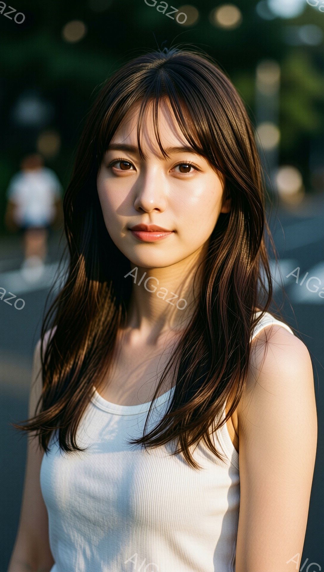 長いダークブラウンの髪を持つ若い女性が写っている。彼女は白いタンクトップを着ており、リラックスした表情で正面を見ている。背景は少しぼやけており、緑豊かな木々と遠くに見える建物がわずかに見える、夕暮れ時の屋外の様子であることがわかる。