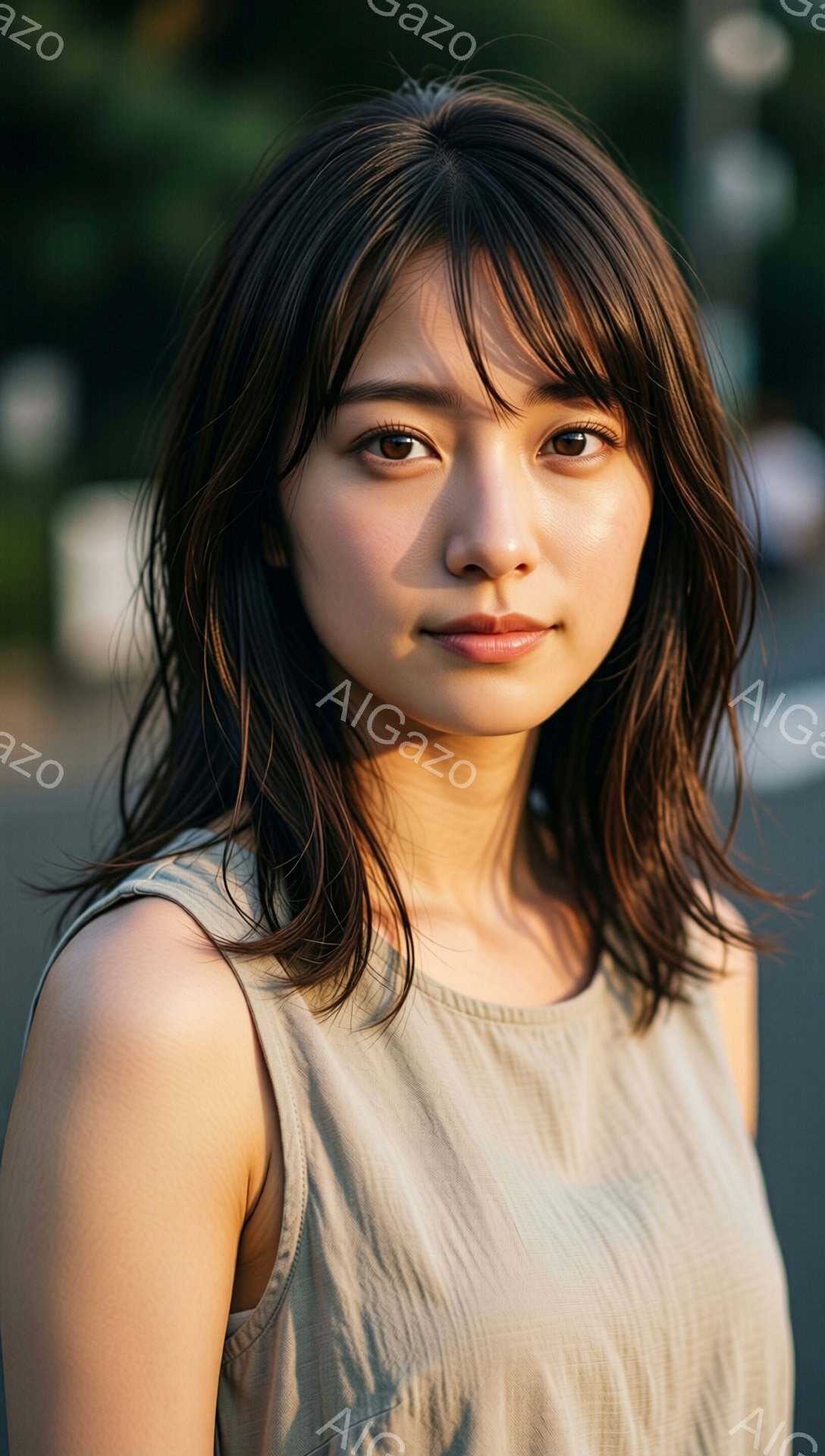 黒髪の女性が、ベージュ色のタンクトップを着て、わずかに微笑んでいます。髪は肩までの長さで、少し無造作にカットされています。背景は少しぼやけており、街並みの一部が見えますが、全体的に柔らかい光が差し込み、穏やかな雰囲気を醸し出しています。