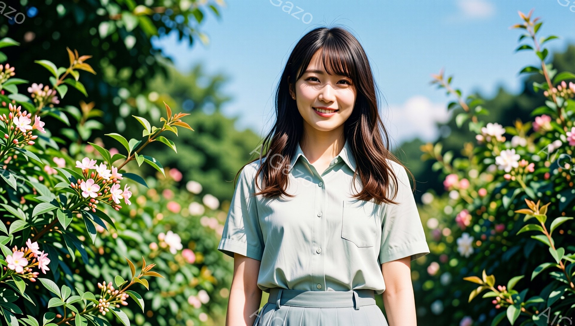 若い女性が、薄緑色のシャツとスカート姿で、穏やかな笑顔を浮かべて立っています。彼女は肩までの長さの黒髪で、前髪は少しふんわりと流されています。背景にはピンク色の花が咲き乱れる木々があり、晴れた空の下、自然豊かな雰囲気が漂っています。