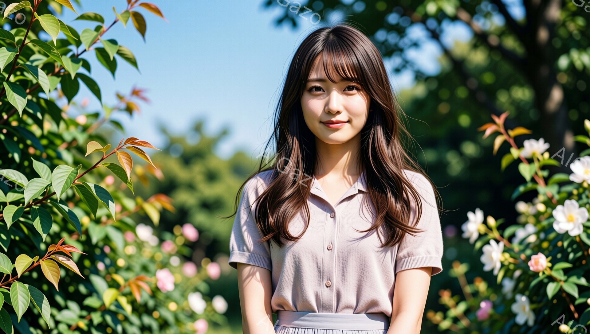 長いダークブラウンの髪に前髪を作した若い女性が写っています。ベージュ色のボタンダウンシャツと淡いグレーのスカートを着ており、穏やかな微笑みを浮かべています。背景には緑豊かな植物とピンク色の花が咲き乱れ、晴れた日の穏やかな雰囲気が漂っています。