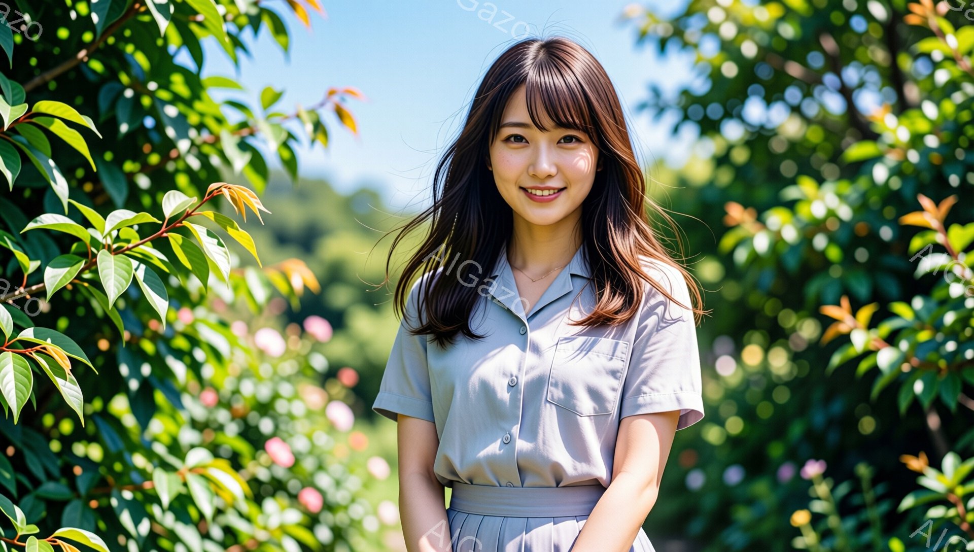 長いダークブラウンの髪をセンターパートにした女性が、薄いグレーのシャツワンピースを着て微笑んでいます。彼女はベルトでウエストマークしており、首には細いネックレスをつけています。背景には緑豊かな植物とピンクの花が見え、晴れた日の穏やかな雰囲気が漂っています。