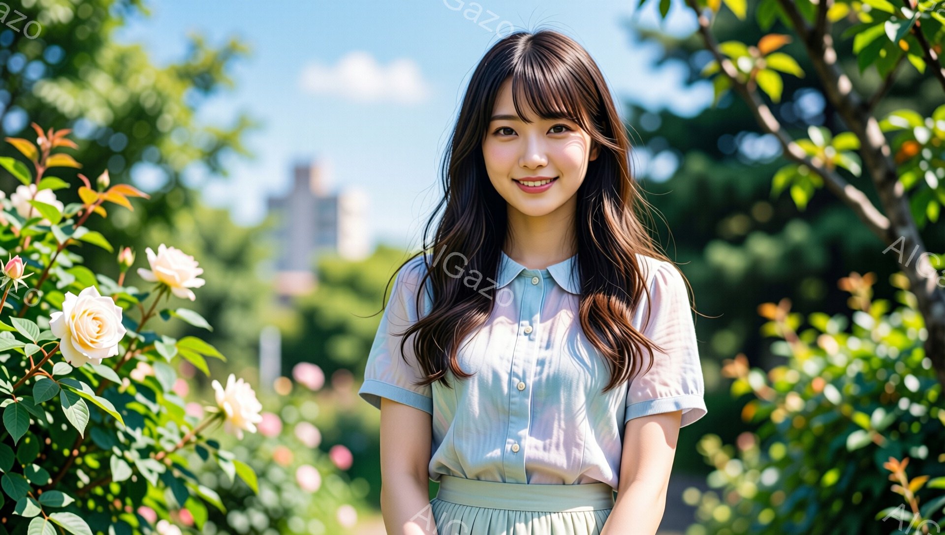 彼女は明るい笑顔でカメラを見つめ、明るい緑色のシャツとスカート姿で立っています。髪は肩にかかる長さで、軽やかなウェーブがかかっています。背景には緑豊かな植物と、ぼやけた建物が見え、晴れた日の穏やかな雰 - AI生成フリー素材