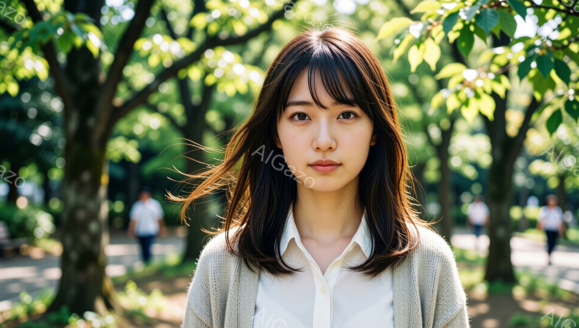 長い黒髪の女性が、白いシャツと薄いグレーのカーディガンを着て正面を見つめている。彼女の髪は顔の周りを縁取り、穏やかで控えめな表情をしている。背景には緑豊かな木々とぼやけた人物が見え、晴れた日の公園の穏やかな雰囲気を醸し出している。