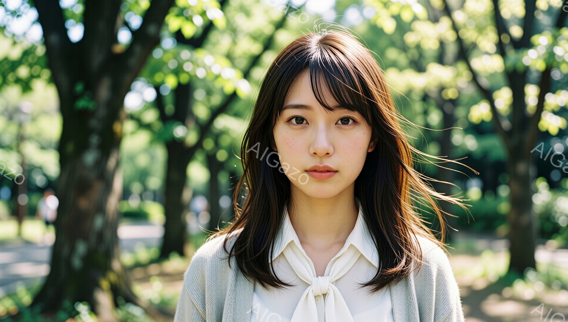 明るい屋外で、若い女性が正面を見つめている。彼女は白いブラウスに薄いグレーのカーディガンを着ており、肩までかかる茶色の髪は少し風になびいている。背景には緑豊かな木々とぼんやりとした遊歩道が見え、晴れた - AI生成フリー素材