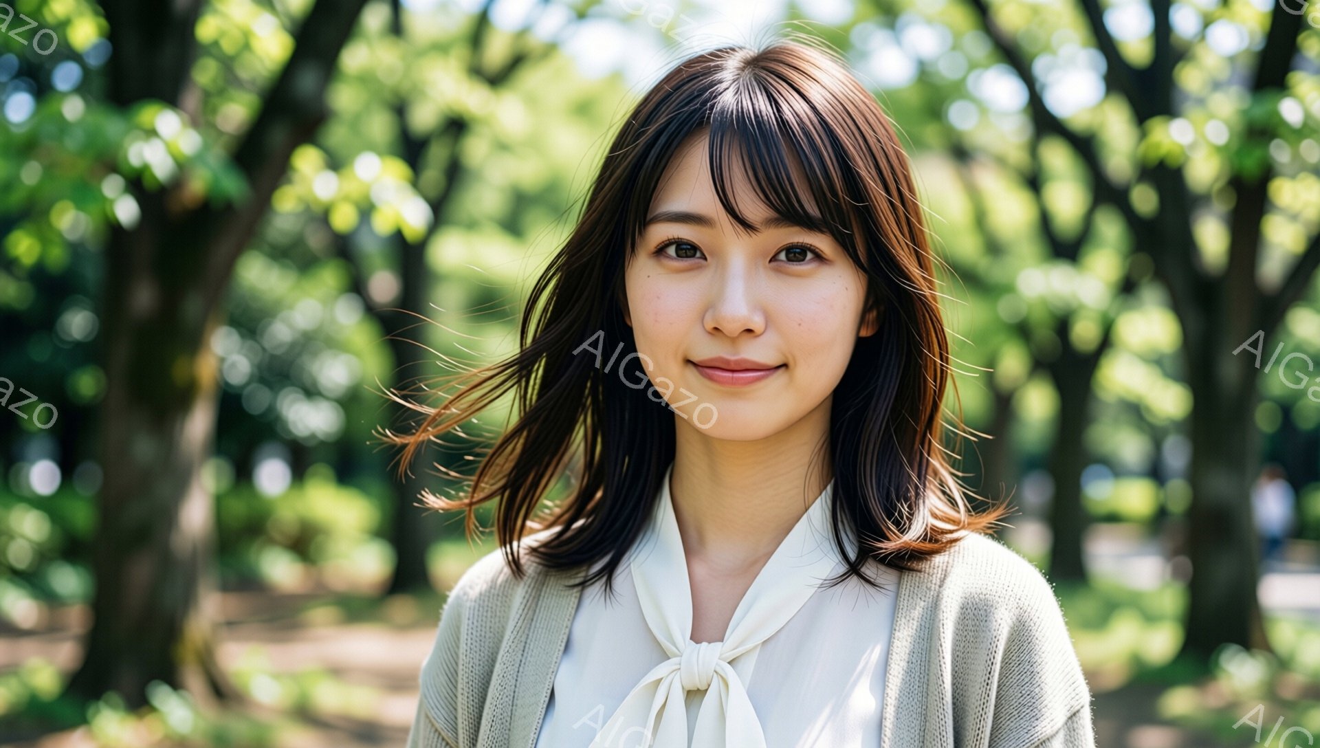 画像には、茶色の髪の女性が写っており、軽やかな笑顔を浮かべています。白いブラウスに薄いグレーのカーディガンを着ており、髪は肩のあたりで軽くカールしています。背景には緑豊かな木々がぼやけ、春または夏の晴 - AI生成フリー素材