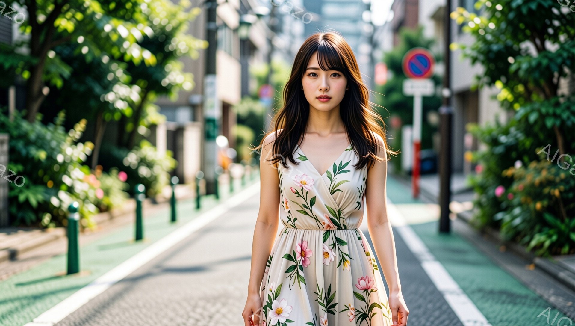 長い黒髪で前髪を少しだけ流した女性が、クリーム色の花柄のワンピースを着て、石畳の道の上を正面を見つめながら歩いています。背景には緑豊かな植物と建物が見え、日差しが柔らかく差し込んでおり、穏やかで自然な - AI生成フリー素材