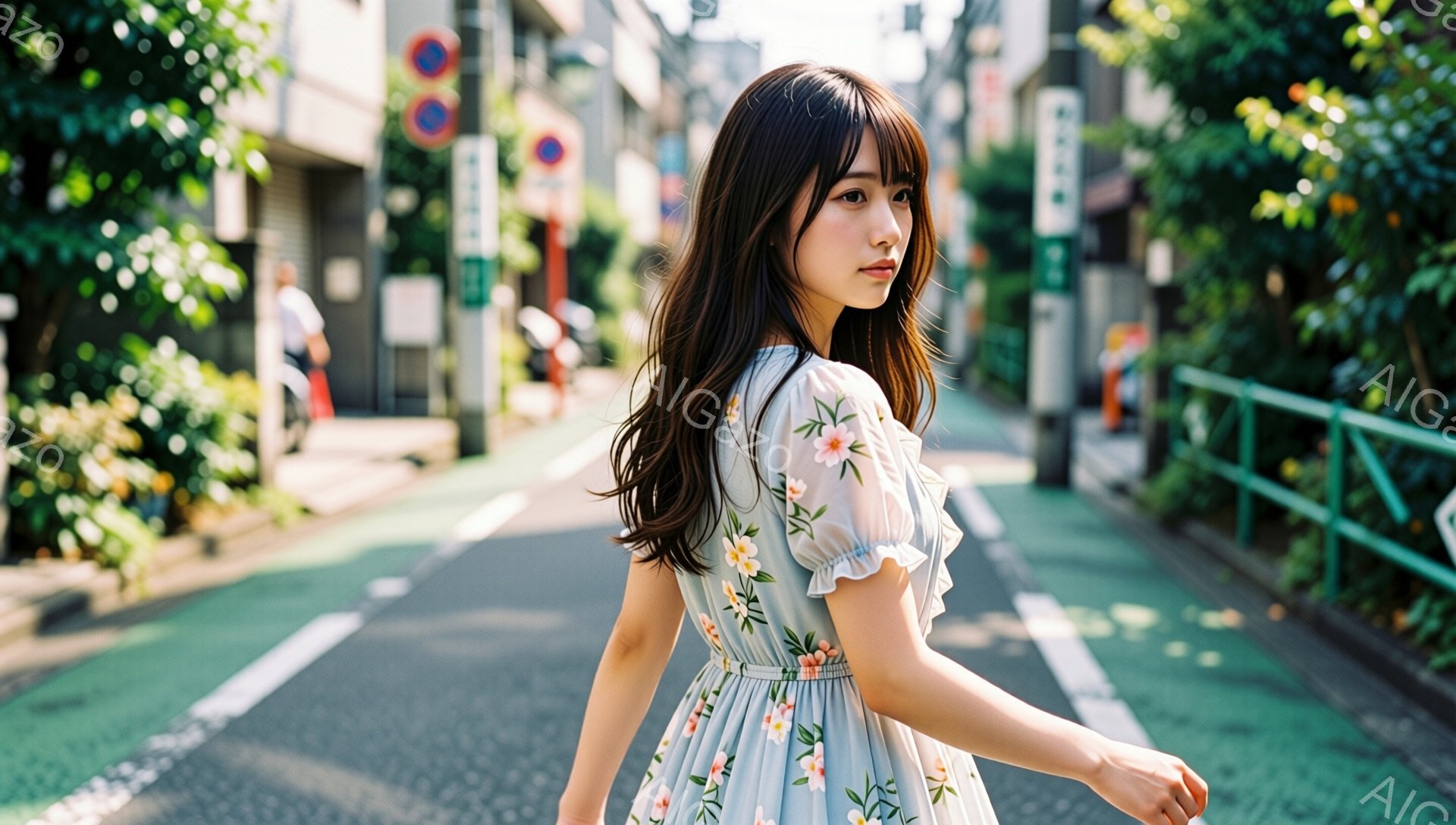 長い黒髪をなびかせ、花柄の淡い水色のワンピースを着た若い女性が、道路を歩いている。彼女は振り返っており、少し微笑んでいる表情で、優しげな雰囲気を醸し出している。背景には緑豊かな木々や建物が見え、晴れた - AI生成フリー素材