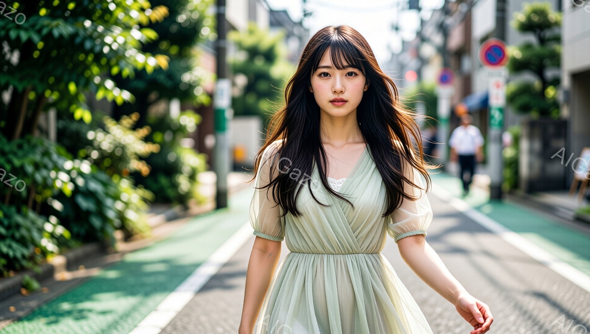 長い黒髪をなびかせ、薄い緑色のシフォンワンピースを着た若い女性が、アスファルトの道の中央をまっすぐ歩いている。彼女は少し微笑み、自信に満ちた表情で、周囲の風景を気にすることなく前を見据えている。背景には、緑豊かな木々や建物が見え、晴れた日の穏やかな街並みを思わせる。