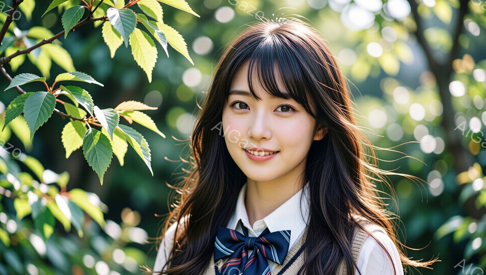 画像は、制服を着た若い女性のポートレートです。彼女は長い黒髪で、顔の周りに自然なカールがかかっています。笑顔で、明るく快活な印象を与えます。