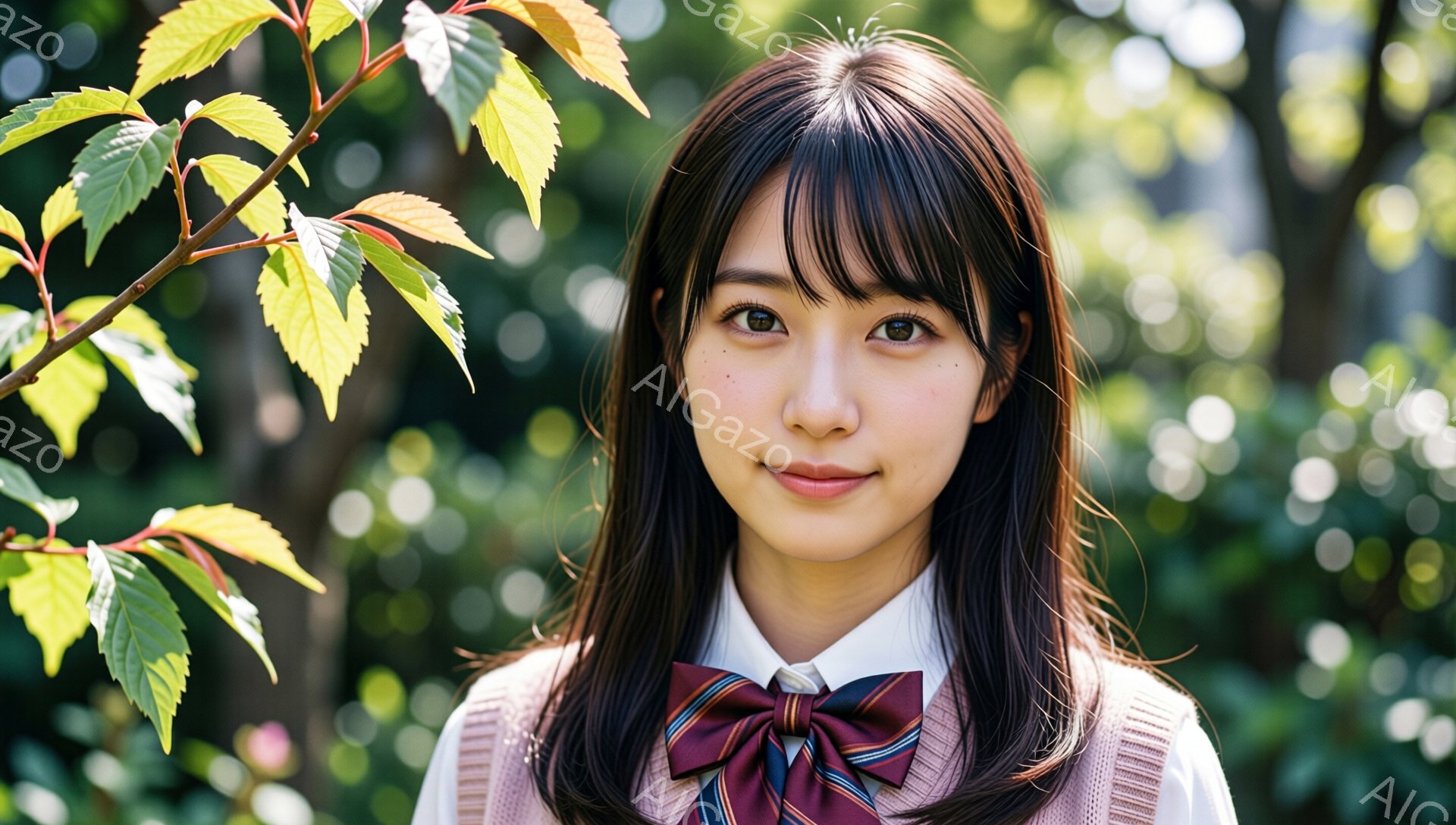 茶髪のロングヘアを肩にかかるように流した若い女性が、白いシャツに茶色とワインレッドのチェック柄のネクタイを着用し、ベージュのベストを羽織っています。彼女はカメラに向かって微笑んでおり、自然な表情で優しい印象を与えます。背景には緑豊かな植物がぼやけており、晴れた日の穏やかな雰囲気が感じられます。