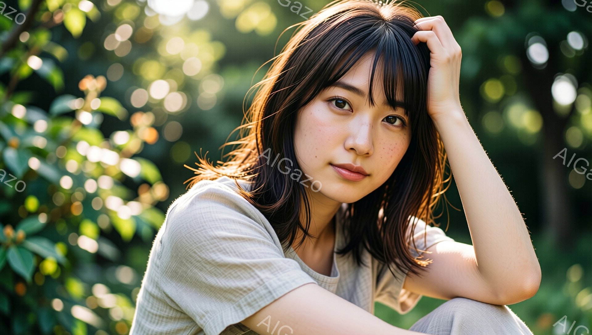 画像には、そばかすのある若い女性が写っています。彼女はベージュ色のトップスを着ており、少しカールしたダークブラウンの髪を肩のあたりでカットしています。彼女は膝を抱え、片手を頭に当ててカメラを見つめ、穏やかで落ち着いた表情をしています。