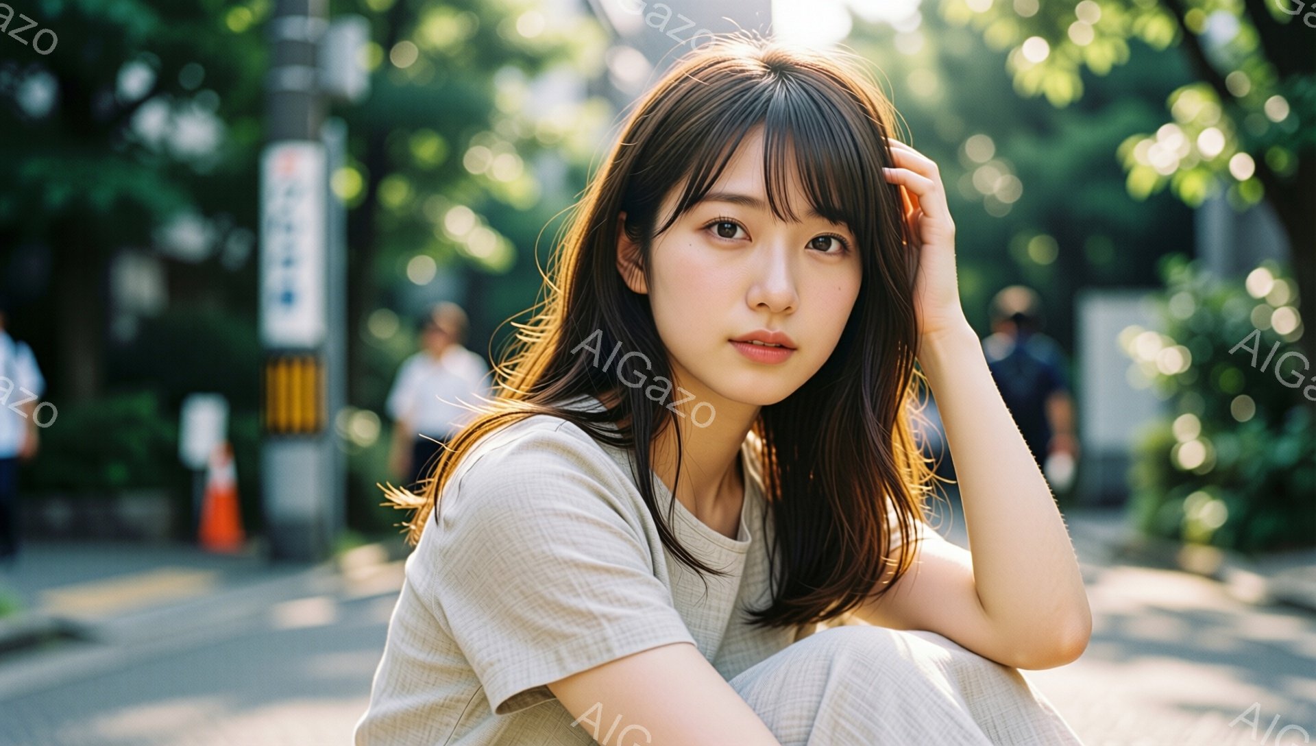若い女性が、ベージュ色のカジュアルな服装で、道路に座ってポーズをとっています。彼女は肩までの長さの茶色の髪で、片方の手を頭の横に添え、穏やかでわずかに微笑んだ表情をしています。背景には緑豊かな木々、歩道、そしてぼやけた通行人が見え、太陽の光が差し込み、暖かく穏やかな雰囲気を醸し出しています。