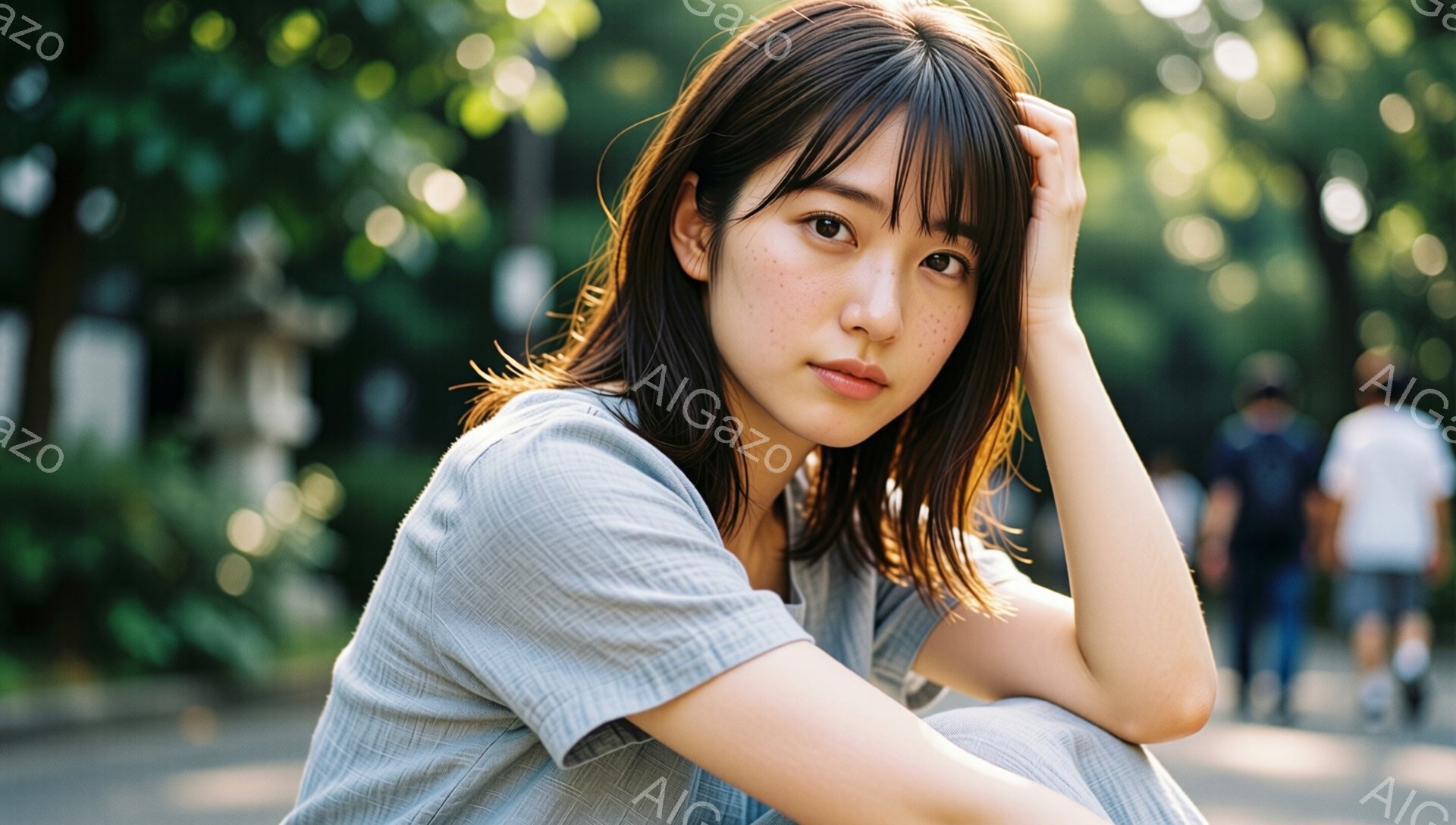 若い女性が、薄い灰色のストライプのシャツを着て、膝を抱えて座っています。彼女は茶色の髪で、前髪が少し長めです。背景は緑豊かな木々で、日差しが差し込み、柔らかい光が彼女を照らしています。